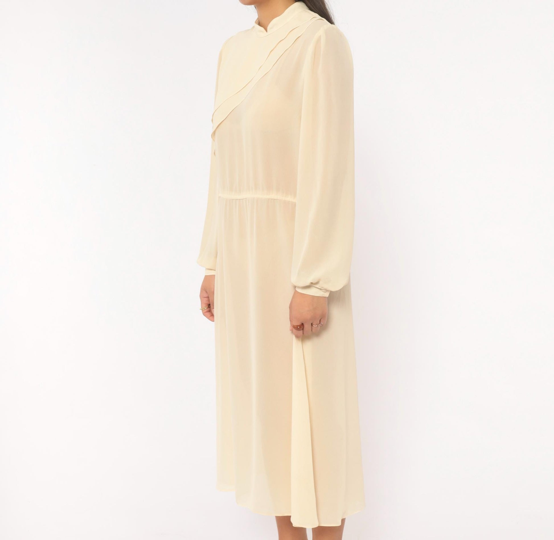 70s Jimmy Los Angeles Cream Chiffon Midi Dress Mandarin Collar Medium M