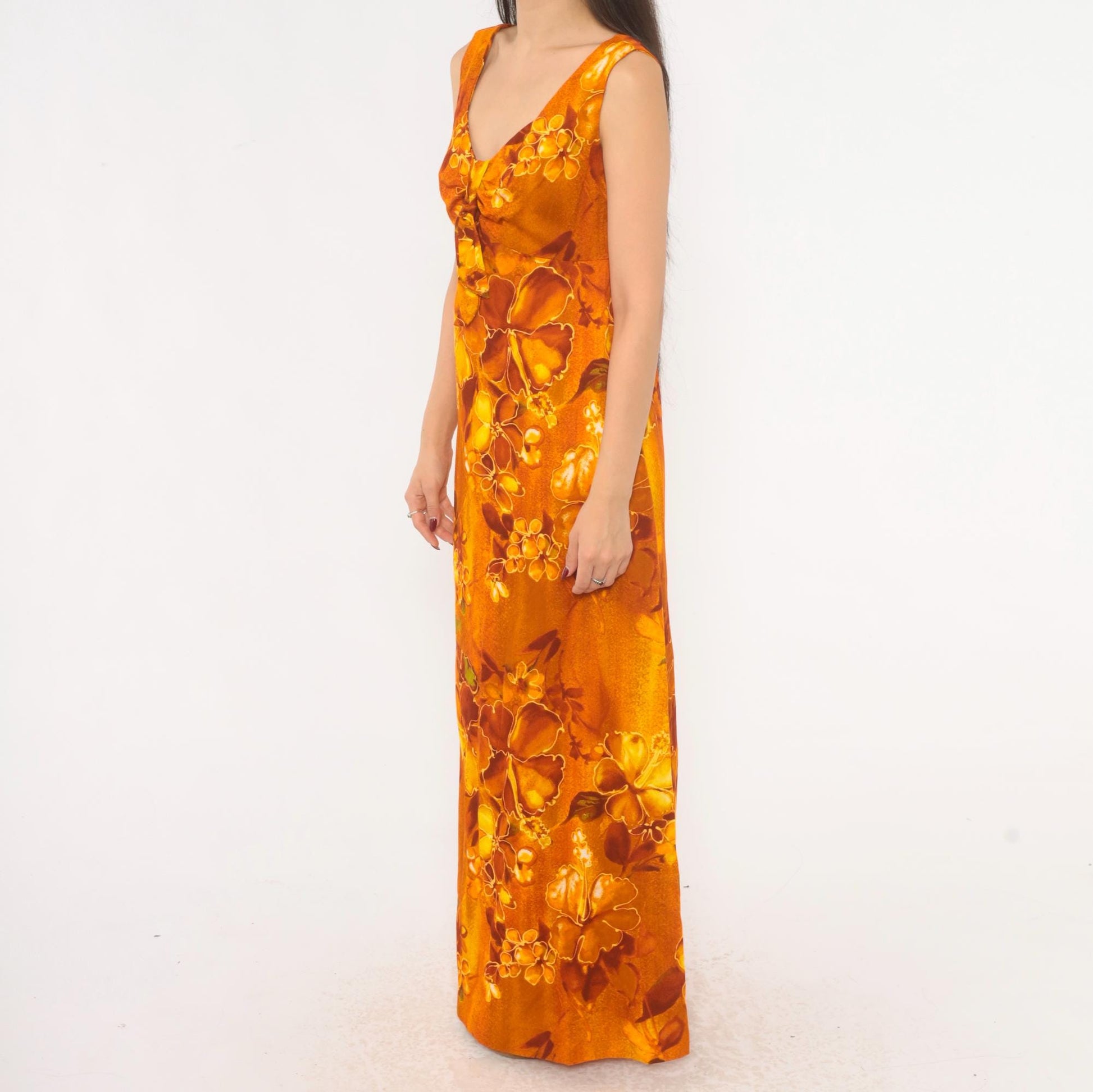 70s Kawika of Hawaii Maxi Dress Orange Floral Empire Waist Medium