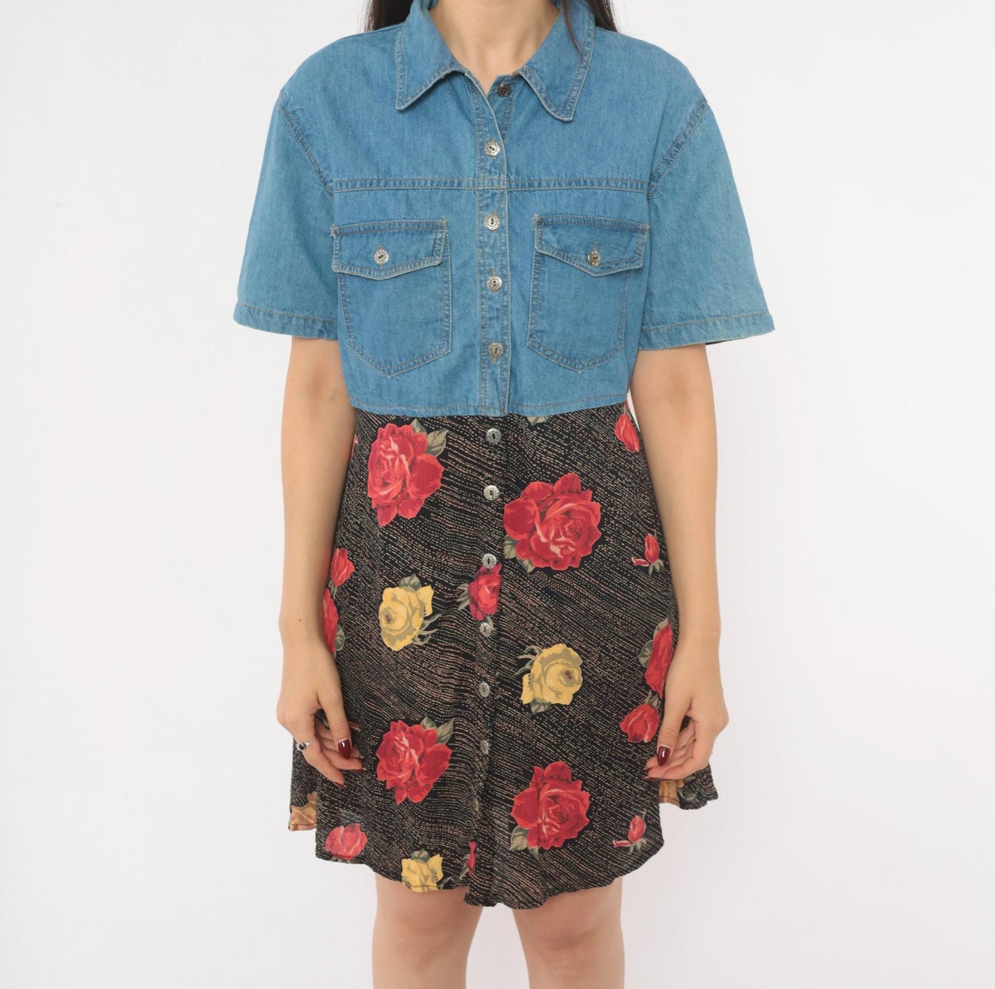 90s M.P.H. Denim Floral Mini Dress Button Front Collared Medium M