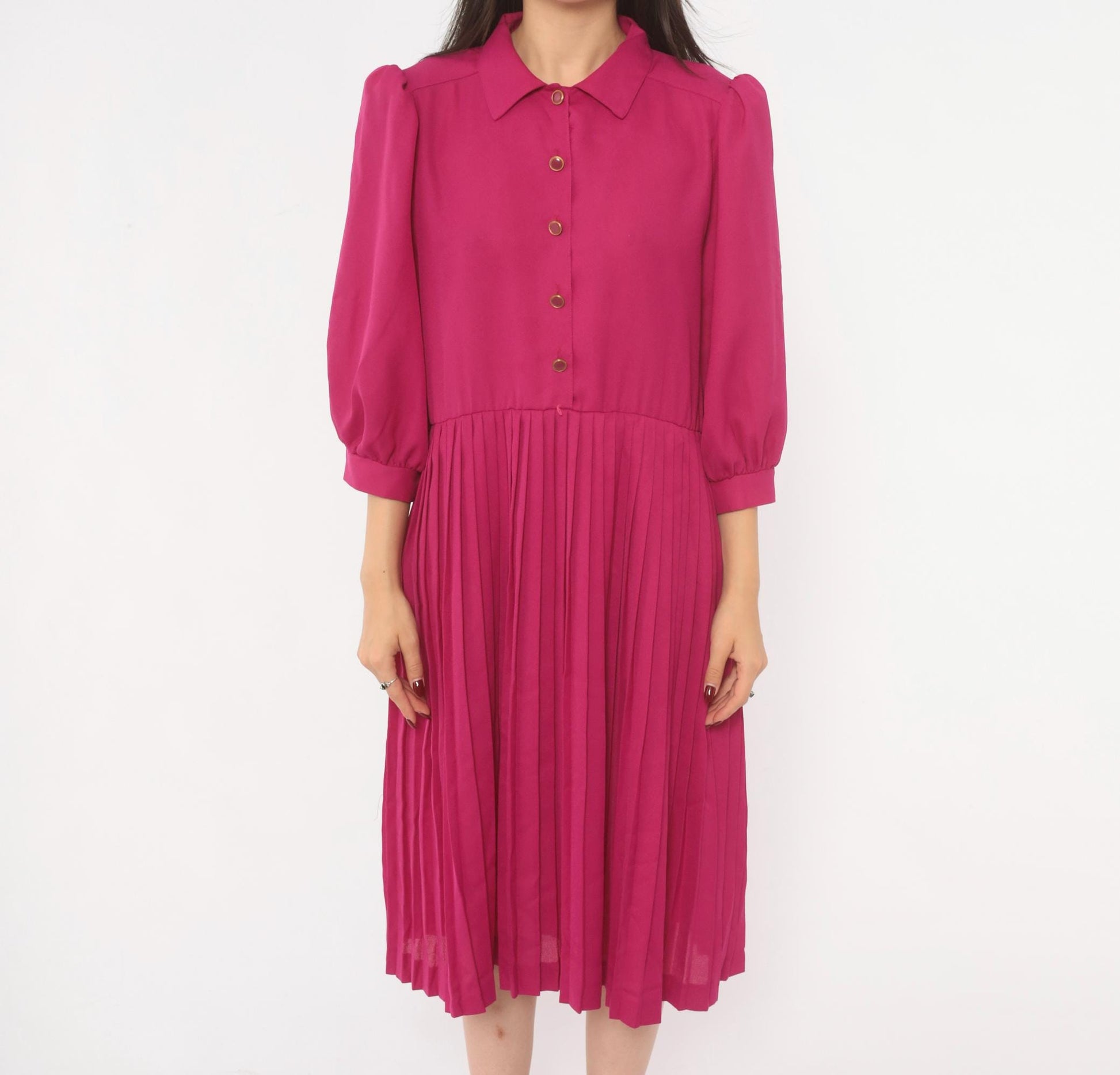 80s Sabino Petites Fuchsia Pleated Shirt Dress Puff Sleeve Knee Length Small