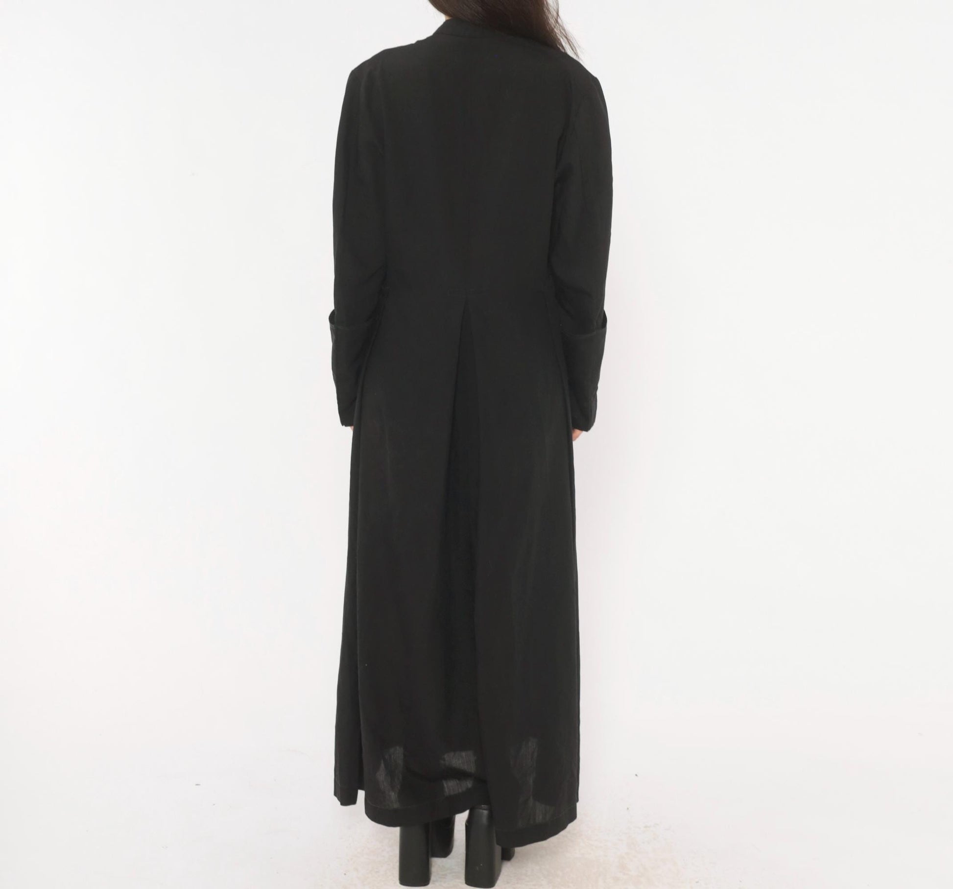 90s Black Maxi Dress Mandarin Collar Button Front Long Sleeve Medium