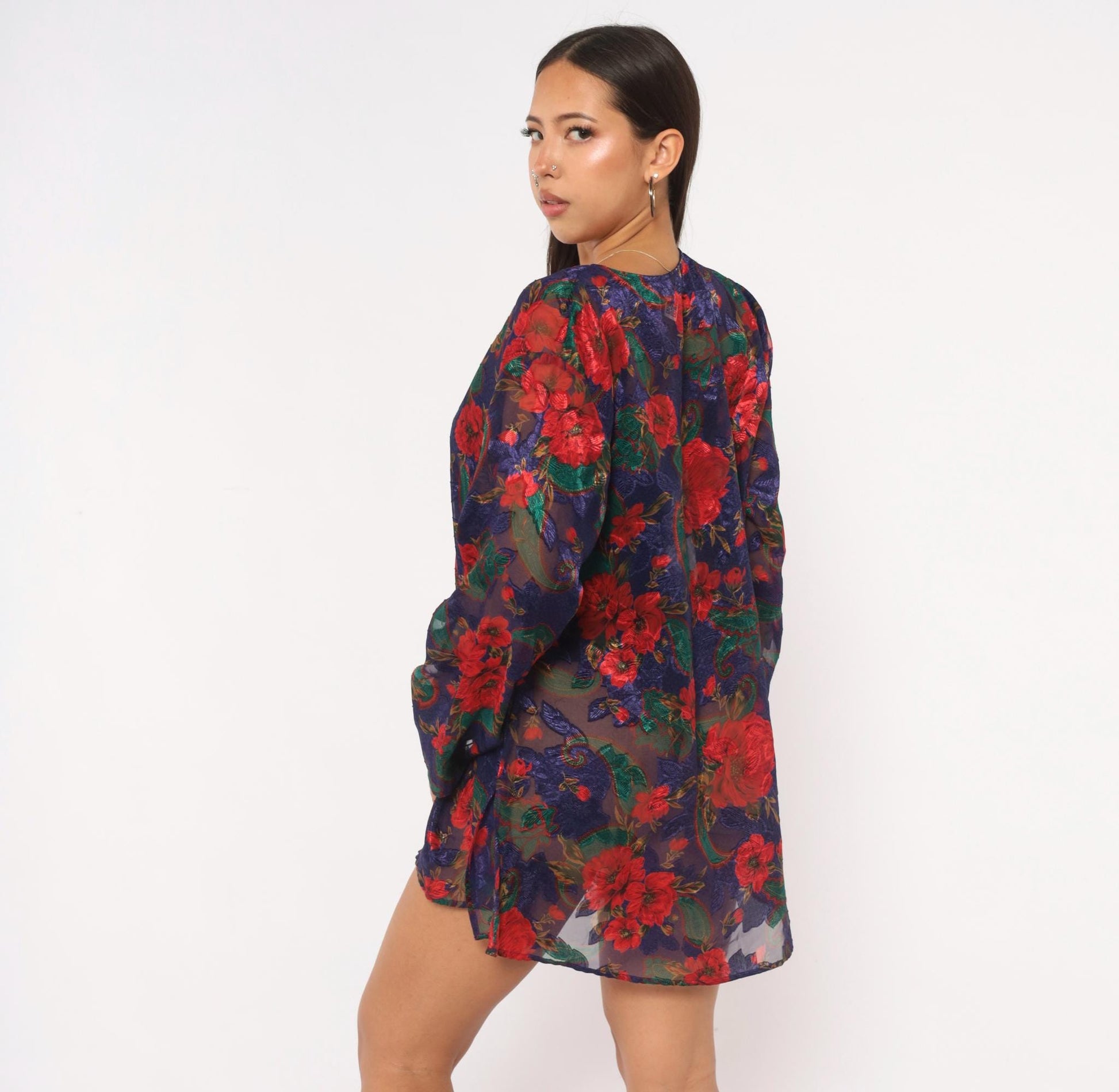 90s Victoria's Secret Sheer Robe Navy Red Floral Bell Sleeve Button Front Medium