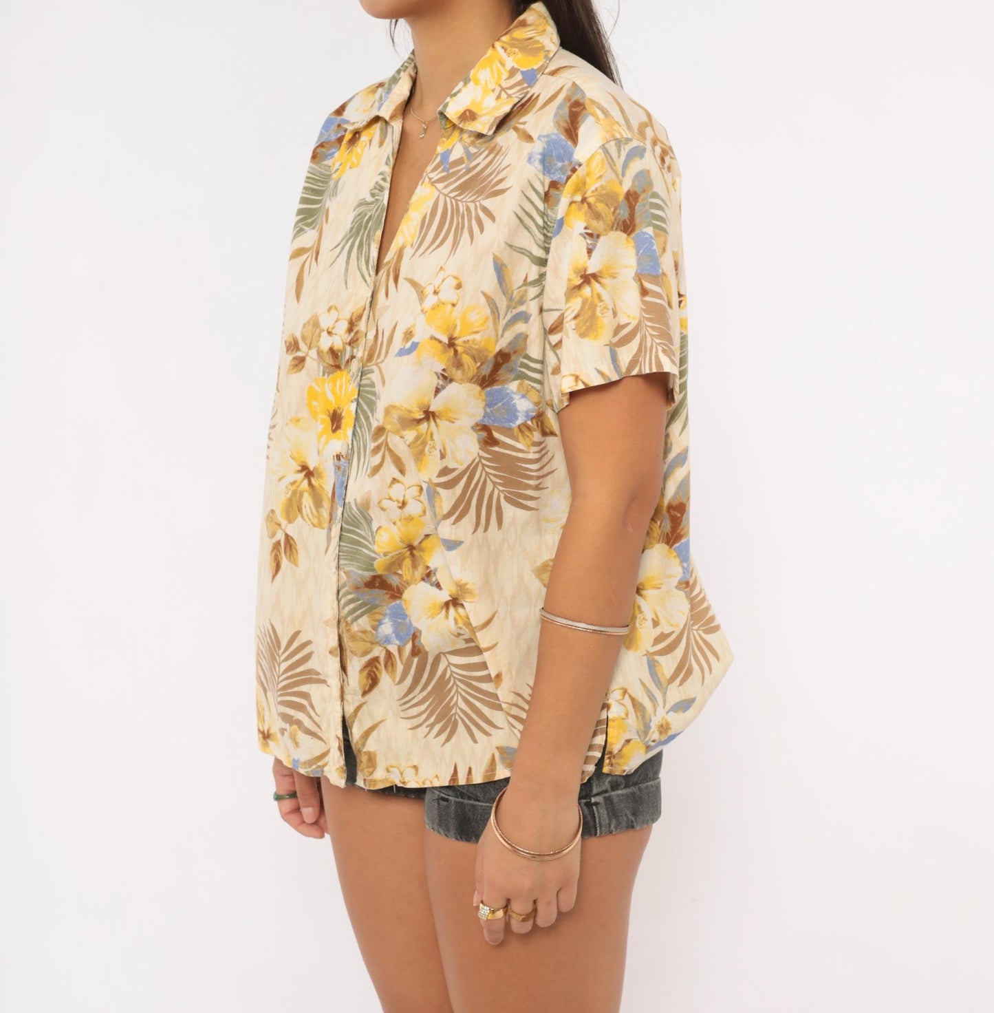 2000s Erika Hawaiian Camp Collar Shirt Cream Floral Yellow Palm Large L