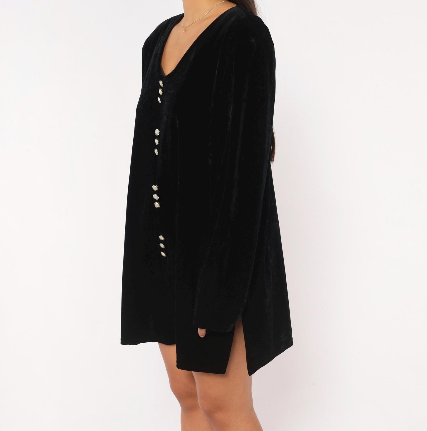 90s Another Thyme Black Velvet Mini Dress Pearl Buttons V-Neck Plus Size 1X
