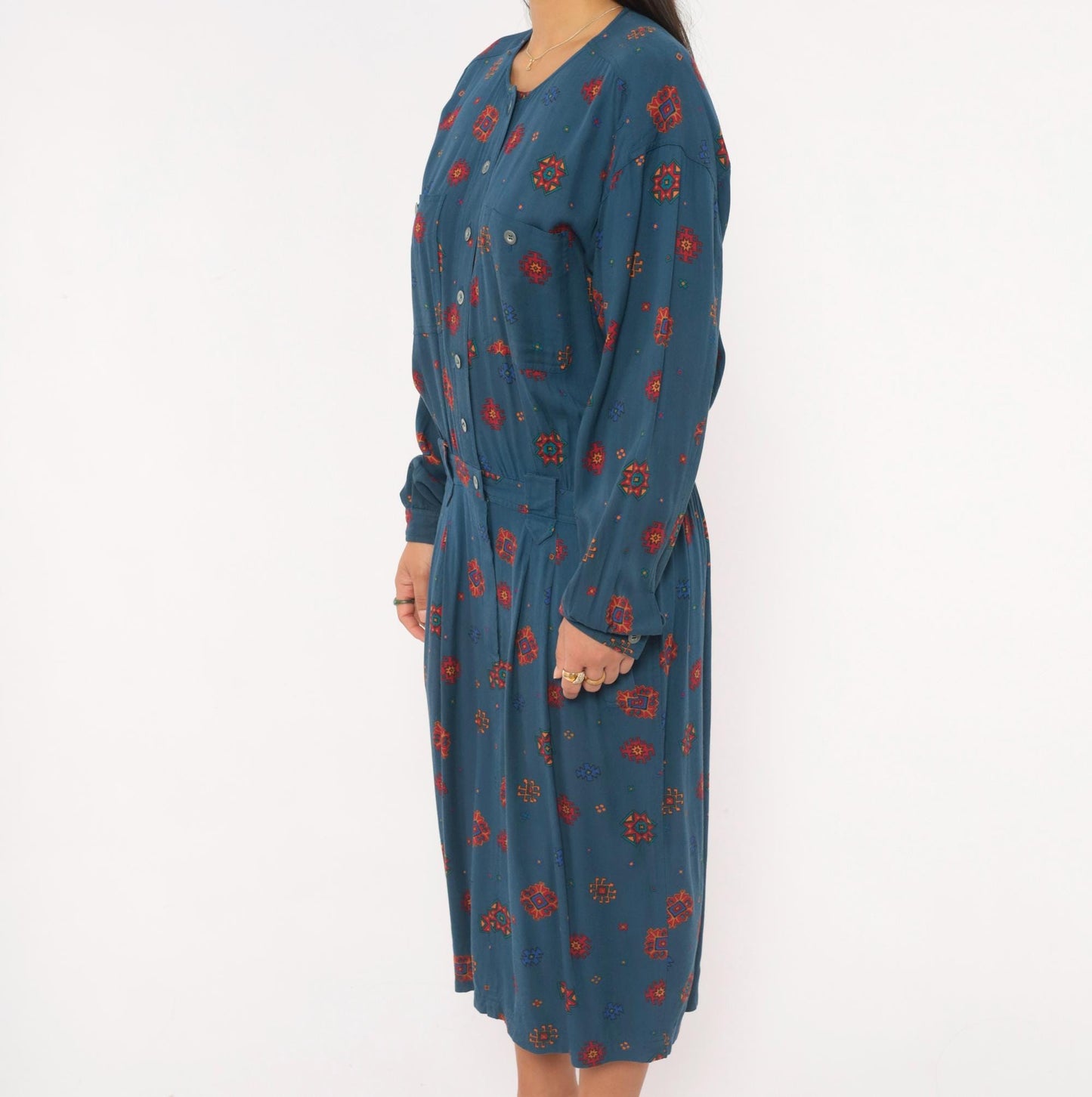 90s Liz Claiborne Geometric Folk Midi Dress Navy Button Front Extra Large XL