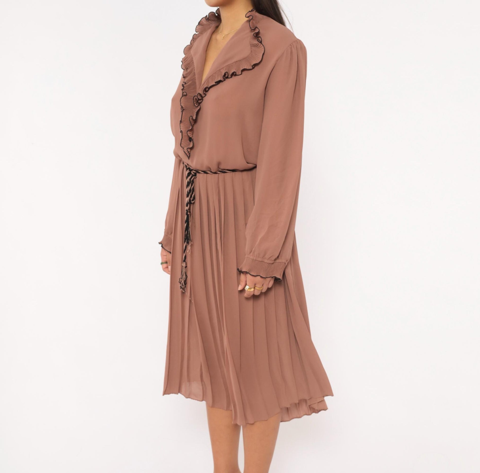 80s Cobina Mauve Pleated Dress Ruffled Collar V-Neck Blouson Sleeve Extra Large XL
