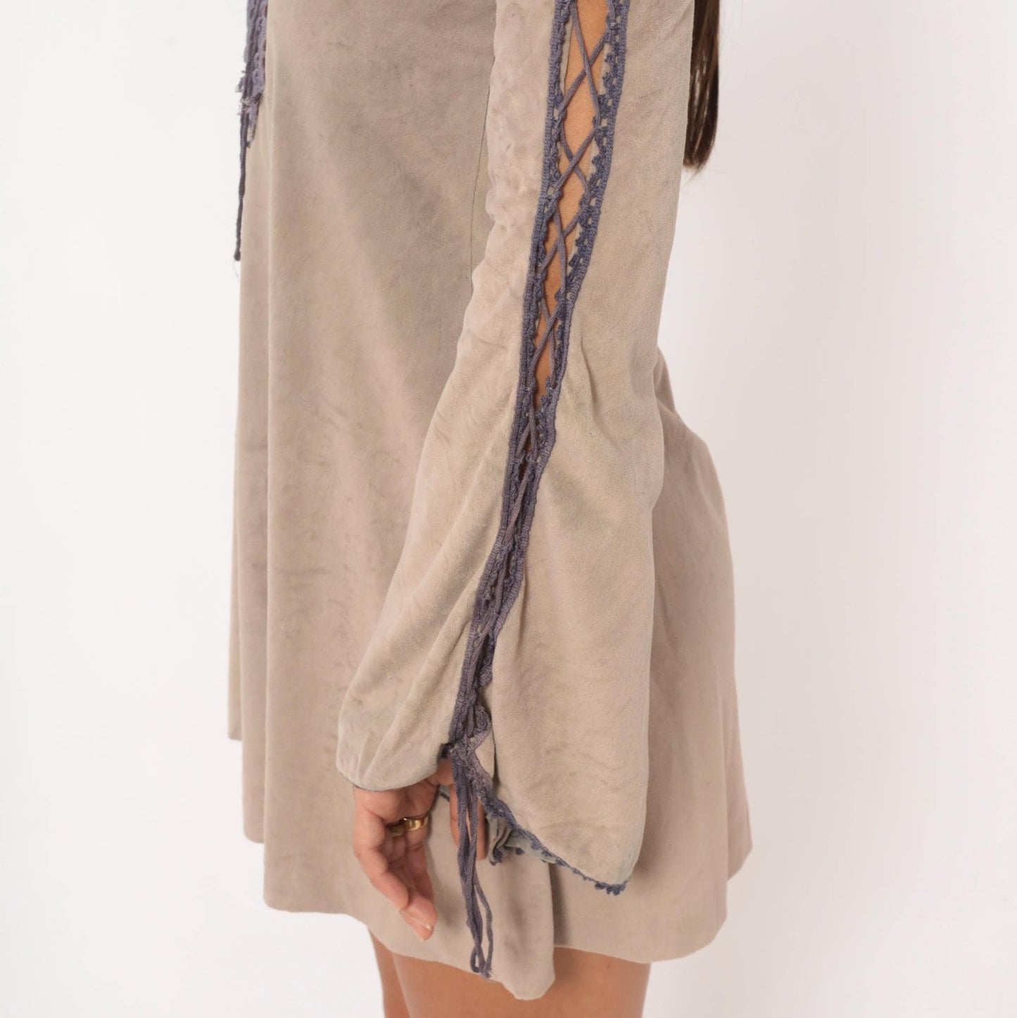70s Grey Velour Mini Dress Purple Lace Cutout Bell Sleeve Extra Small XS