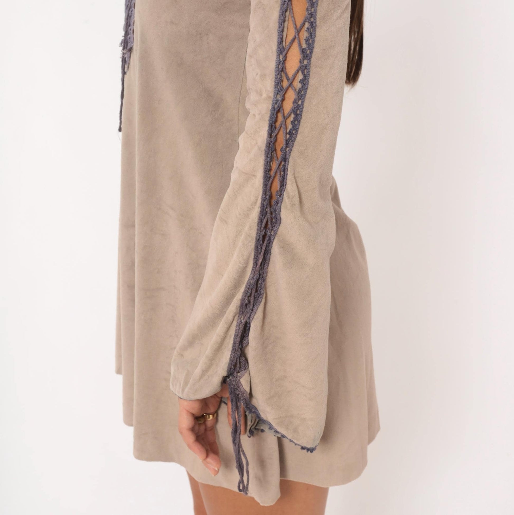 70s Grey Velour Mini Dress Purple Lace Cutout Bell Sleeve Extra Small XS
