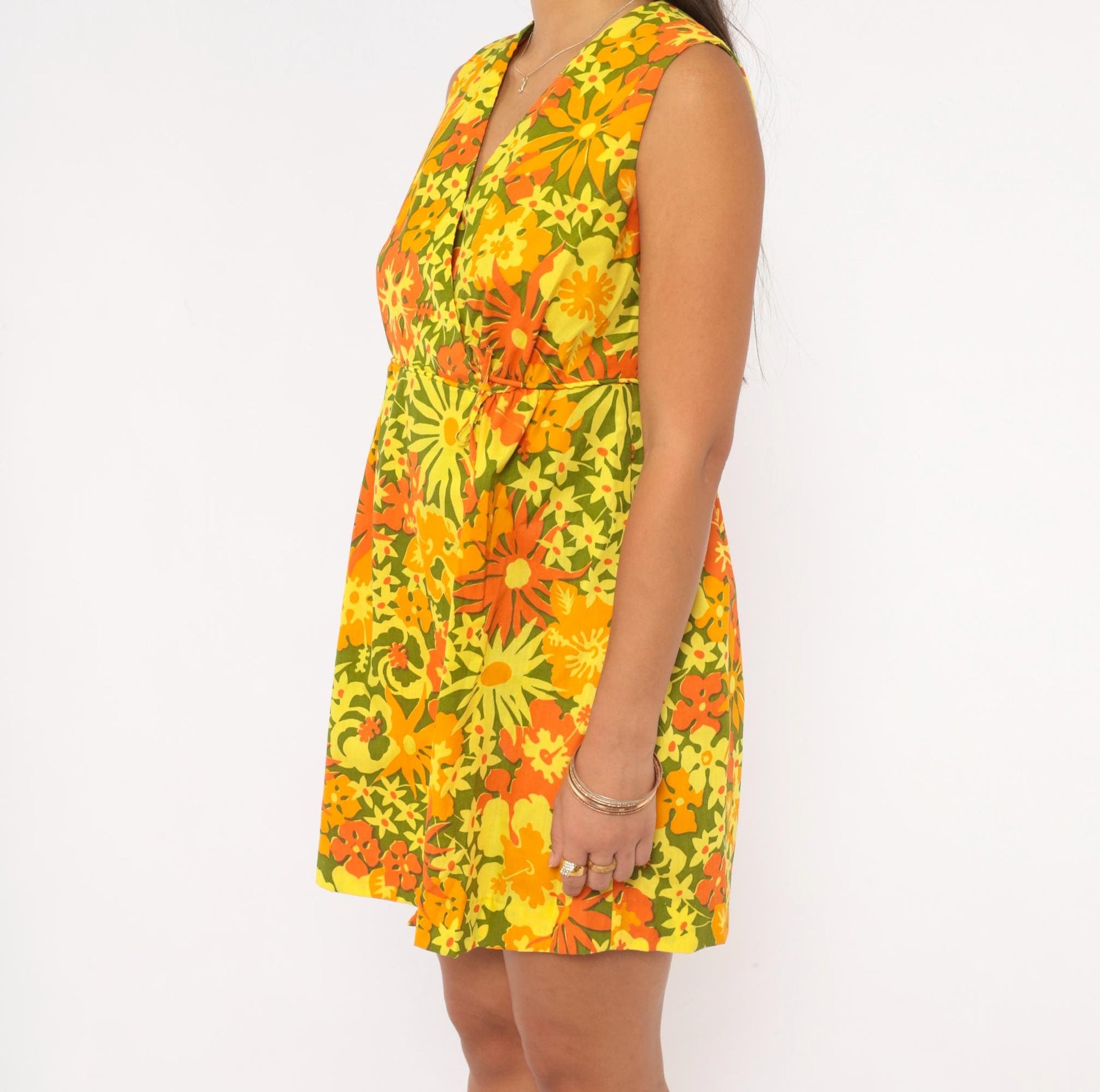 70s Ruth Clarage Psychedelic Floral Wrap Dress Mini Yellow Orange Small