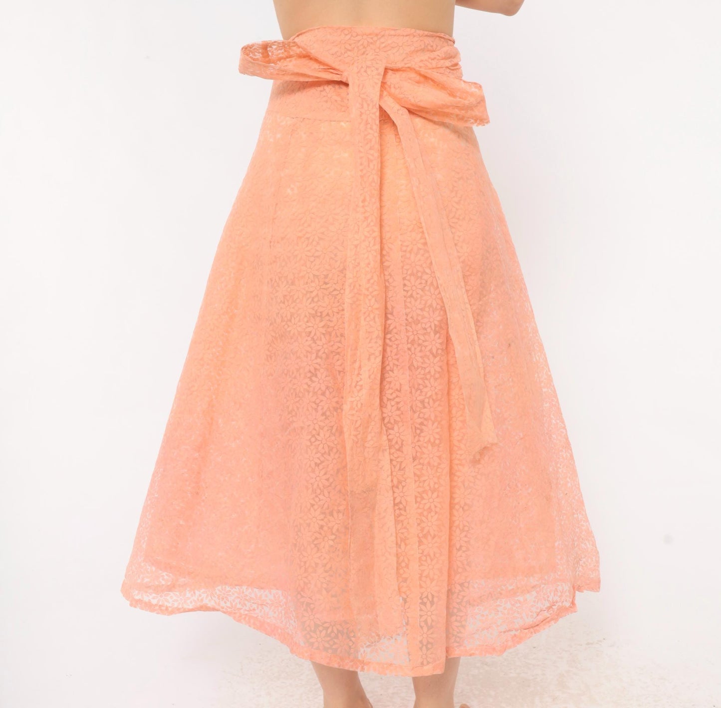 90s Peach Floral Lace Wrap Midi Skirt A-Line Daisy Sheer Medium to Extra Large