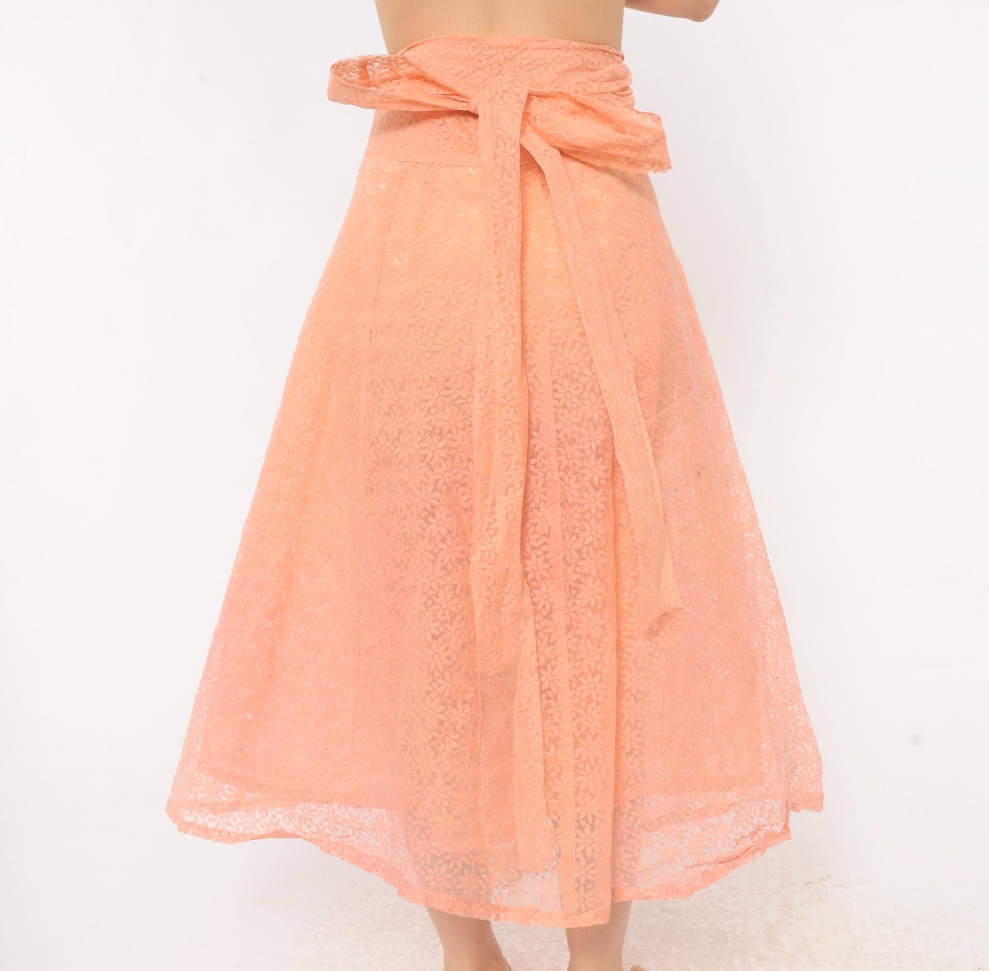 90s Peach Floral Lace Wrap Midi Skirt A-Line Daisy Sheer Medium to Extra Large