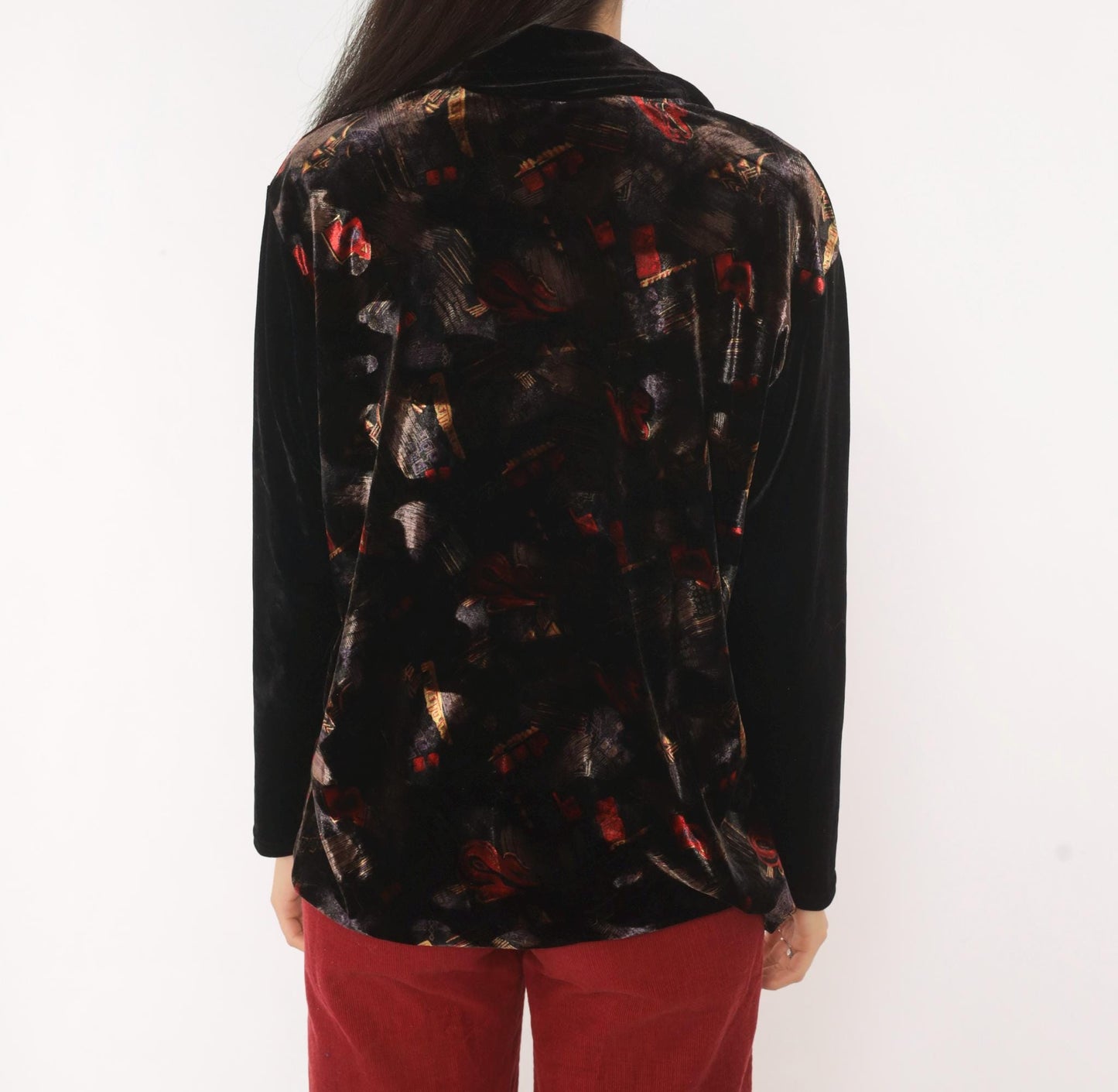 90s Black Velvet Blouse Rhinestone Collar Painterly Print Long Sleeve Medium M