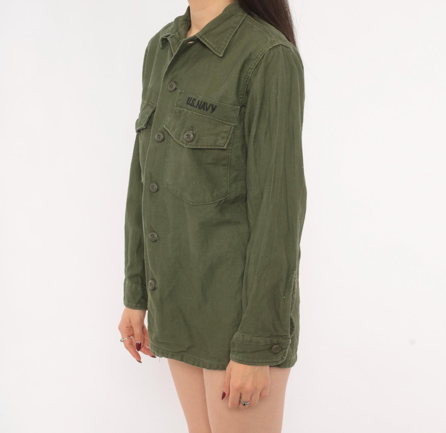80s U.S. Navy Utility Shirt Olive Drab Cotton Military Field Top Medium