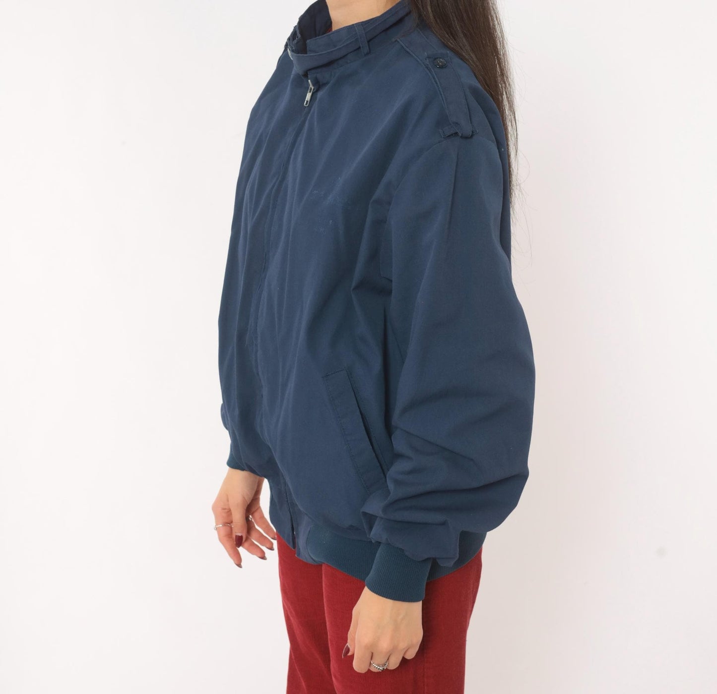 80s King Louie Navy Harrington Bomber Jacket Buffalo Plaid Lined Large L