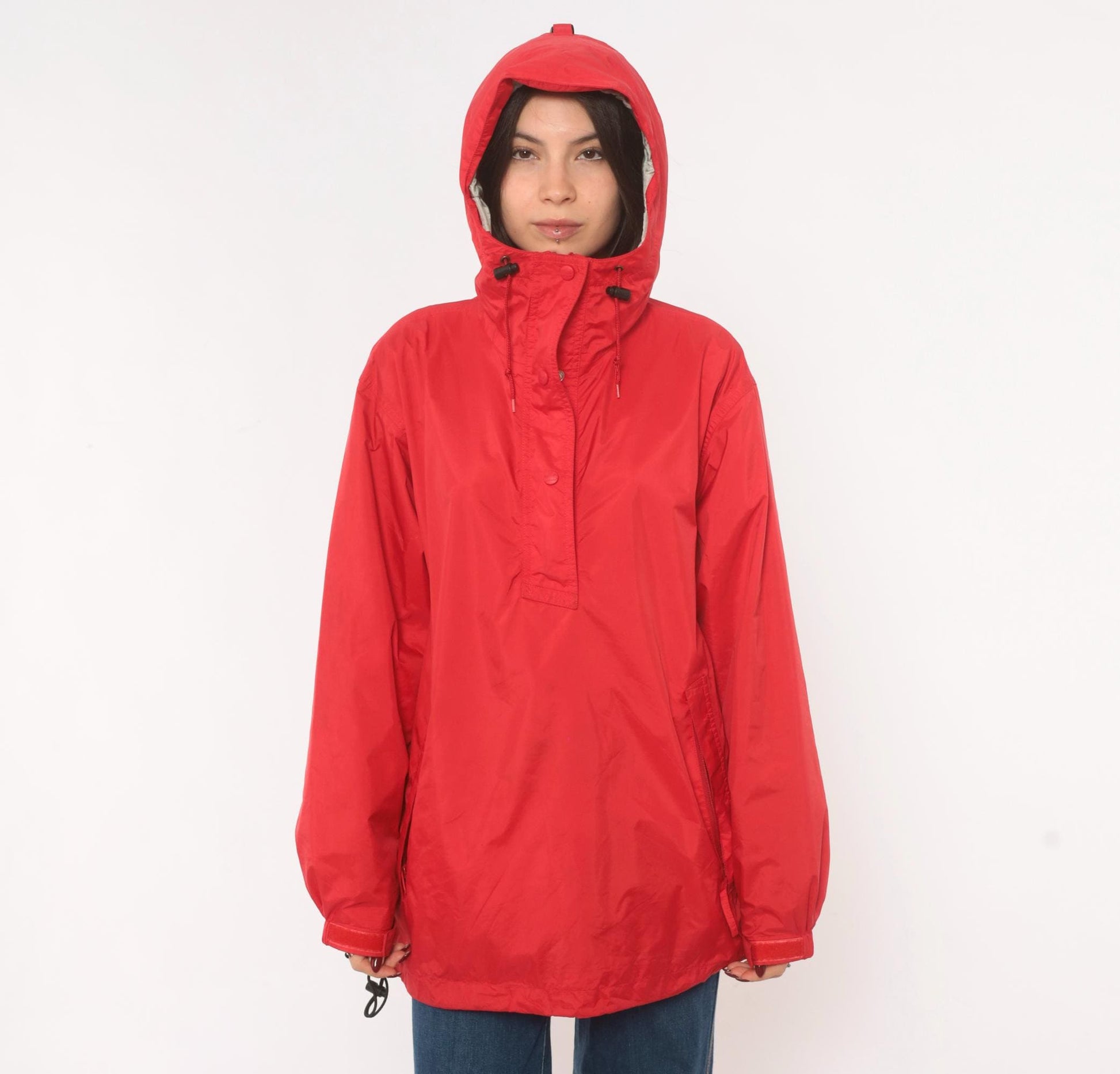 90s L.L.Bean Red Anorak Half-Zip Nylon Windbreaker Jacket Large L