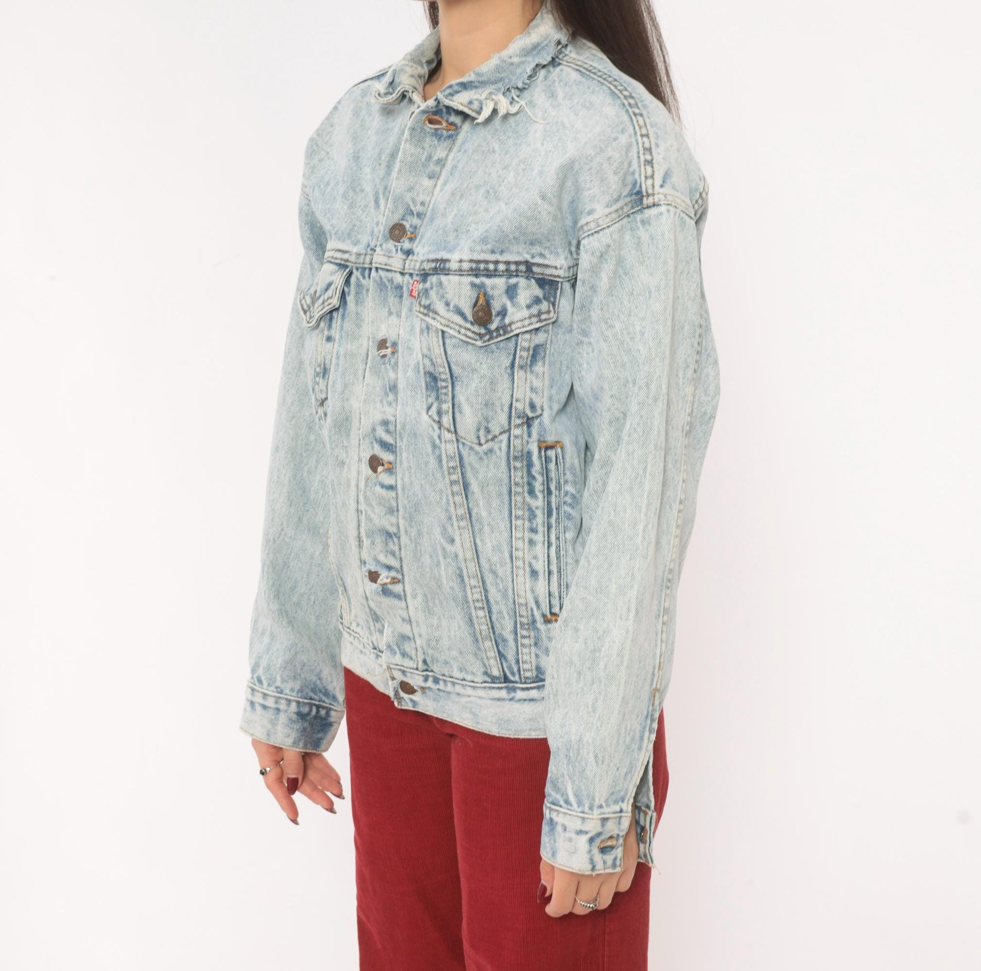80s Levi's Acid Wash Denim Trucker Jacket Light Blue Distressed XS