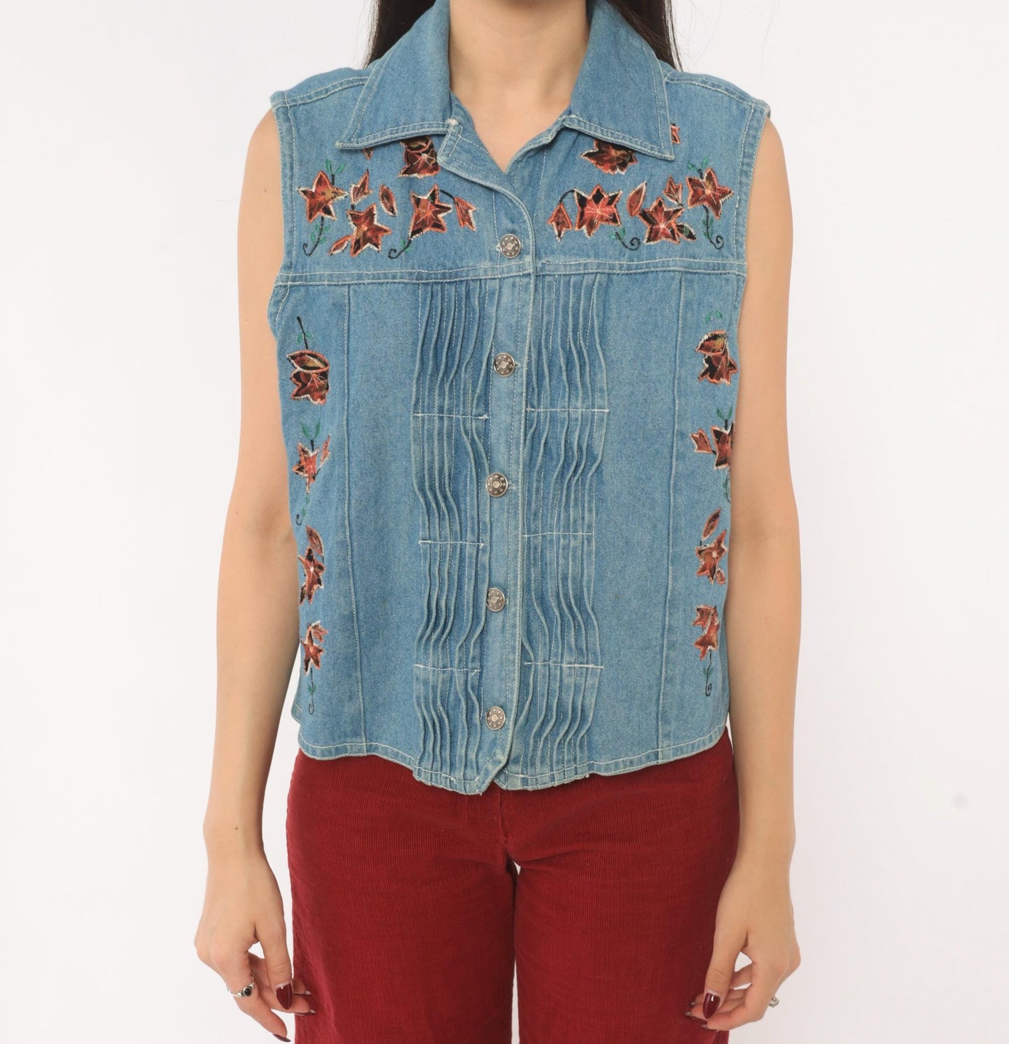 90s Spell Bound Leaf Embroidered Denim Vest Blue Chambray Pintuck Medium M