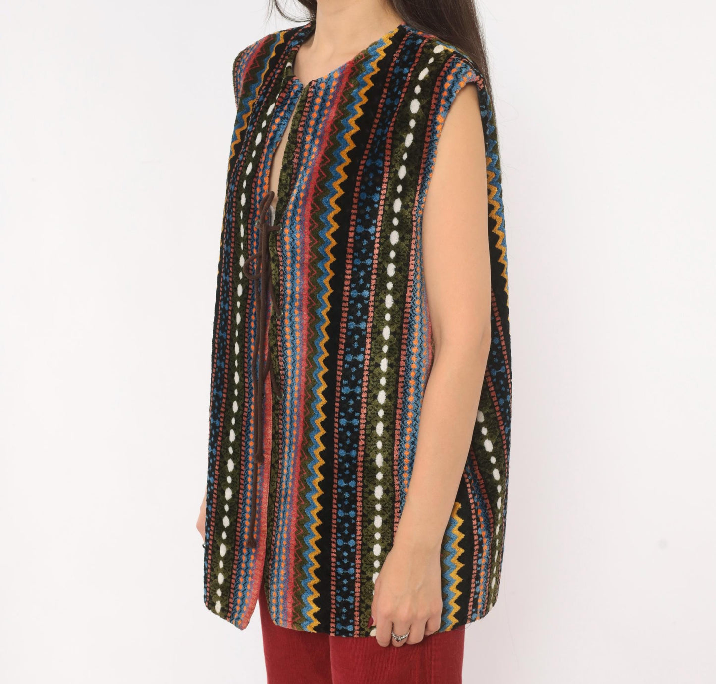 70s Chenille Tapestry Vest Multicolor Zigzag Stripe Lace-Up Tunic Large L