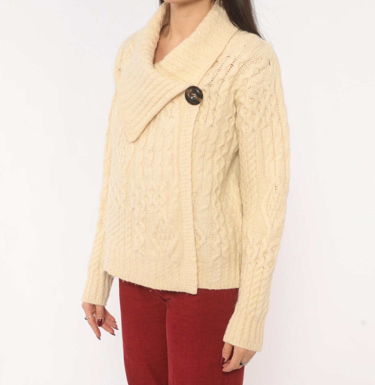 80s Arancrafts Aran Cable Knit Cardigan Cream Wool Shawl Collar Small S