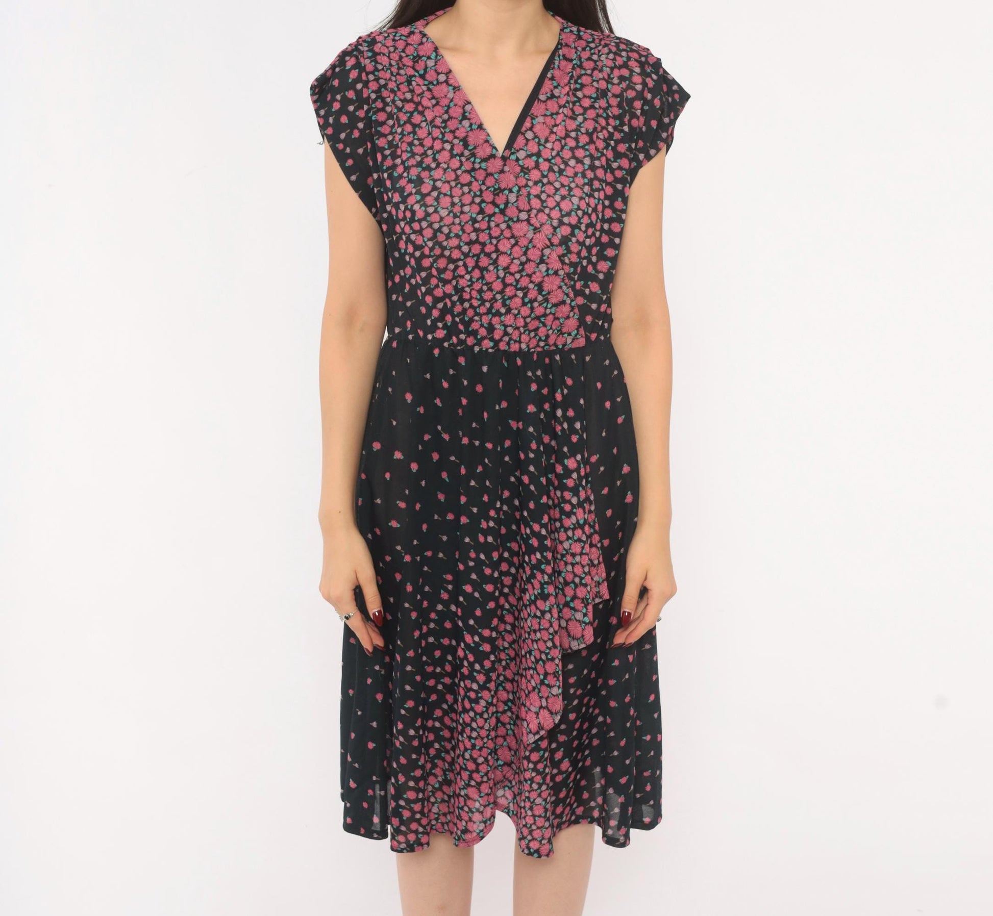 70s JT Jody of California Floral Wrap Dress Black Pink Gradient Knee-Length Medium