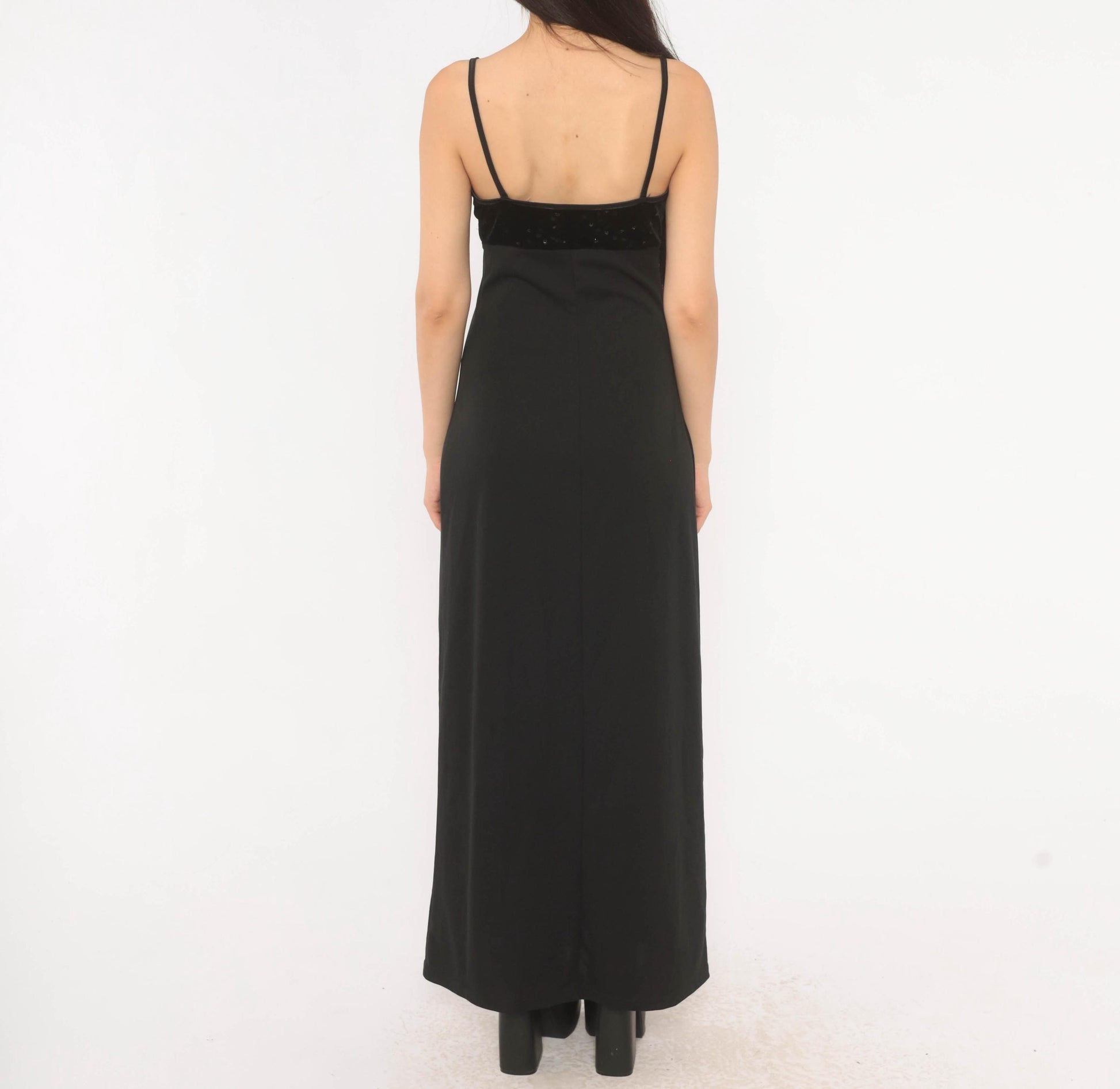 2000s I.N. San Francisco Black Velvet Maxi Dress Empire Waist Spaghetti Strap Small