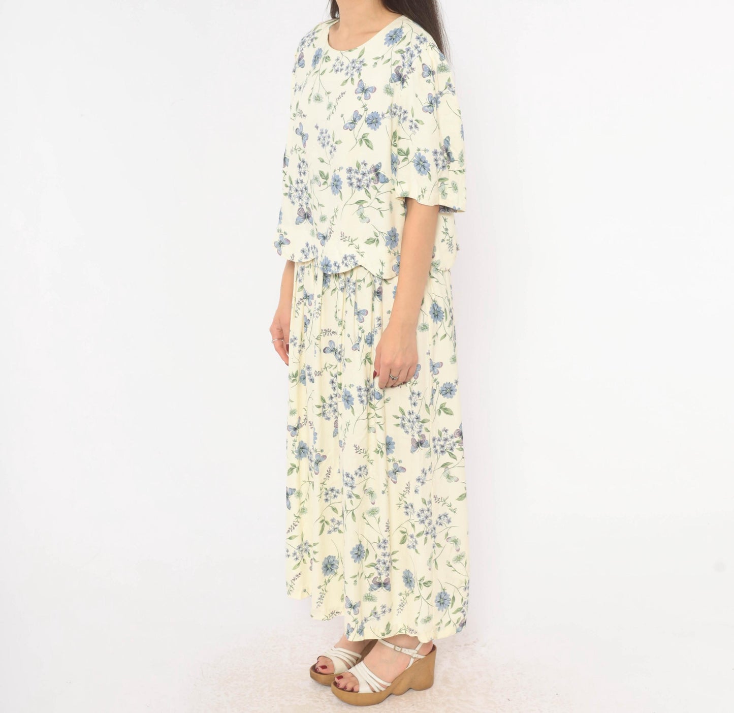 90s SL Fashions Floral Maxi Dress Cream Blue Lavender Peplum Short Sleeve Extra Large XXL