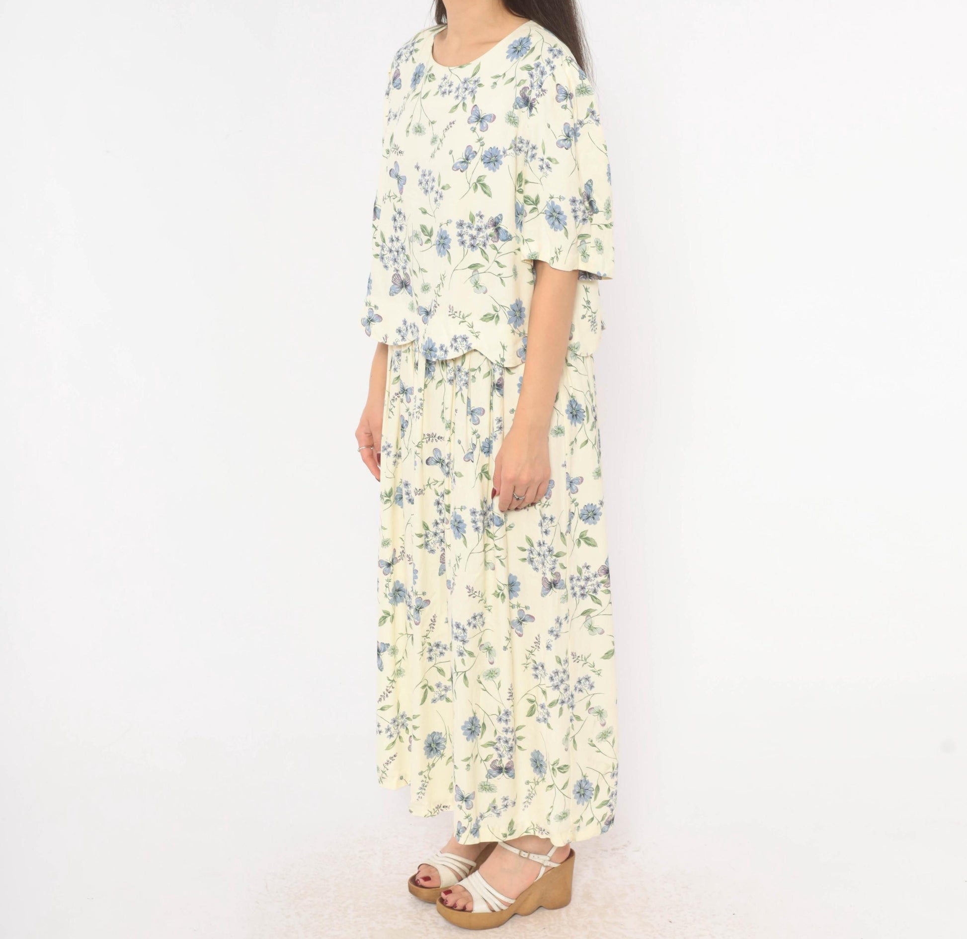 90s SL Fashions Floral Maxi Dress Cream Blue Lavender Peplum Short Sleeve Extra Large XXL