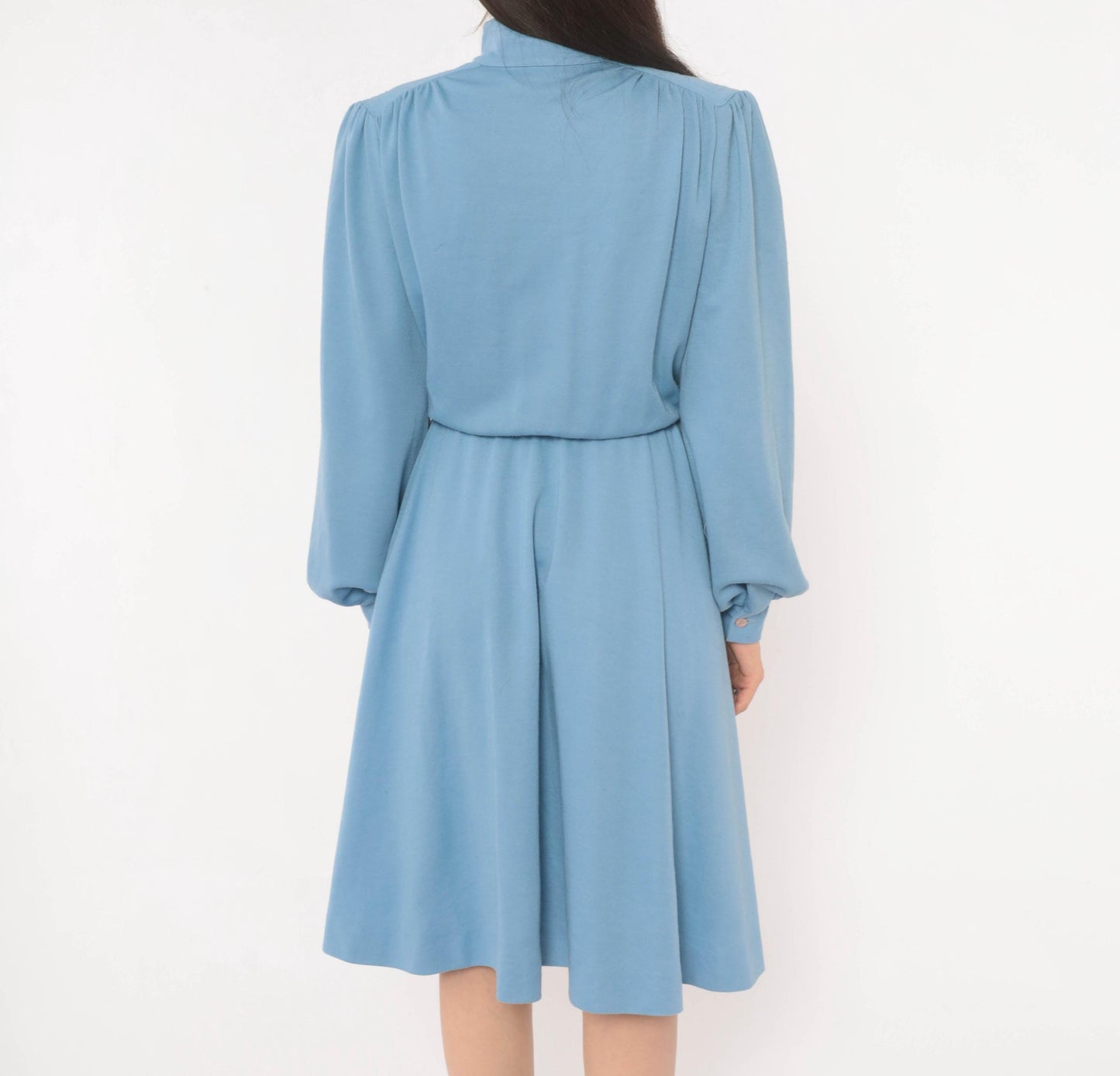 70s Sky Blue Sunshine Alley Dress Bishop Sleeve Quilted Yoke Knee Length Medium M