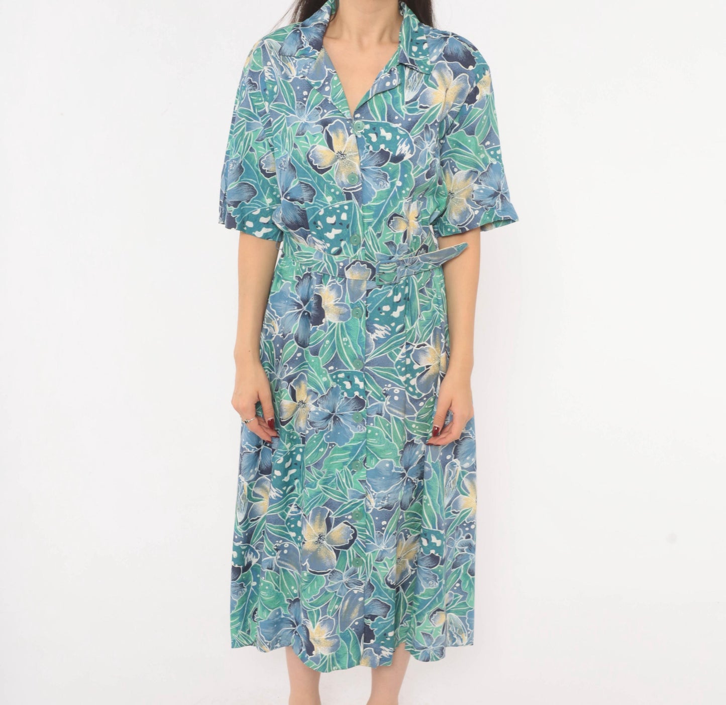 80s Elinor Carolina Maid Tropical Floral Shirtdress Blue Midi Medium