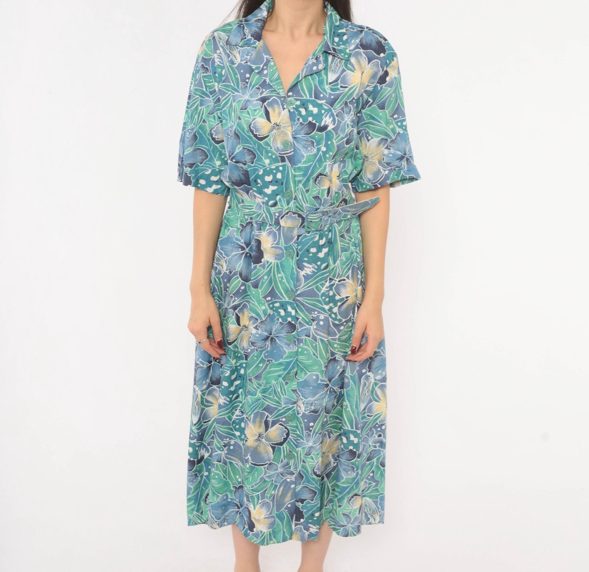 80s Elinor Carolina Maid Tropical Floral Shirtdress Blue Midi Medium
