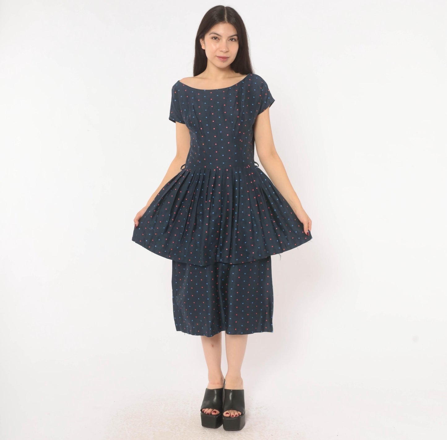 60s Navy Polka Dot Peplum Dress Red Blue Cap Sleeve Fitted Waist Medium M