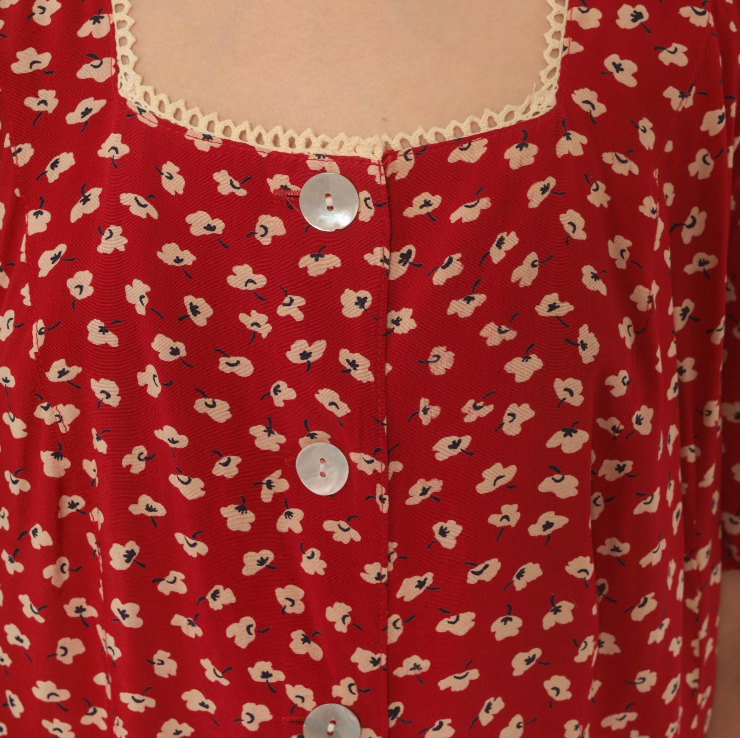 90s Anthony Mark Hankins Red Floral Maxi Dress Square Neck Lace Trim Large L