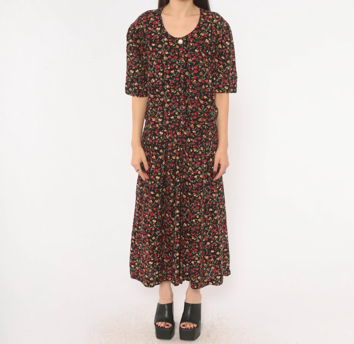 90s Periwinkle Black Tulip Maxi Dress Red Floral Puff Sleeve Plus Size XXL