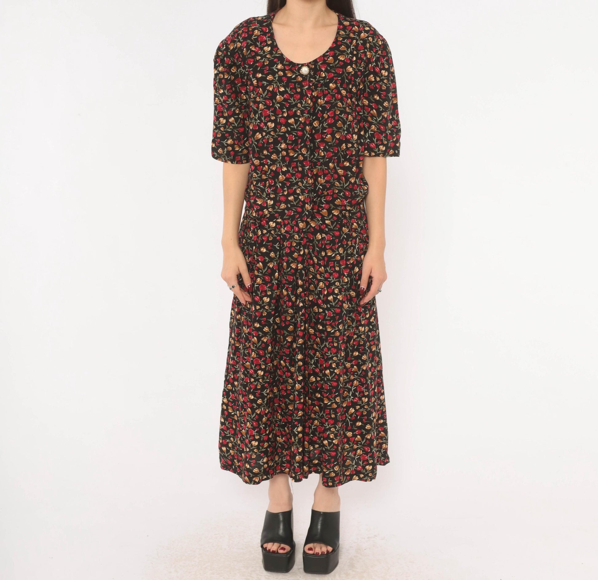 90s Periwinkle Black Tulip Maxi Dress Red Floral Puff Sleeve Plus Size XXL