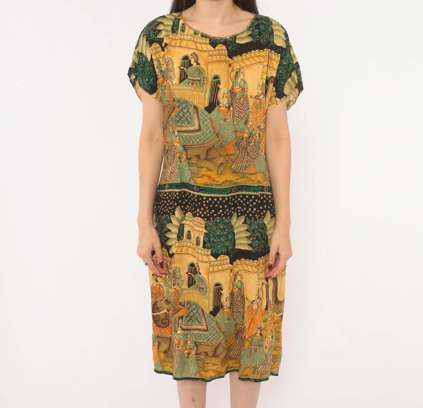 90s Mughal Palace Print Shift Dress Mustard Green Rayon Medium M