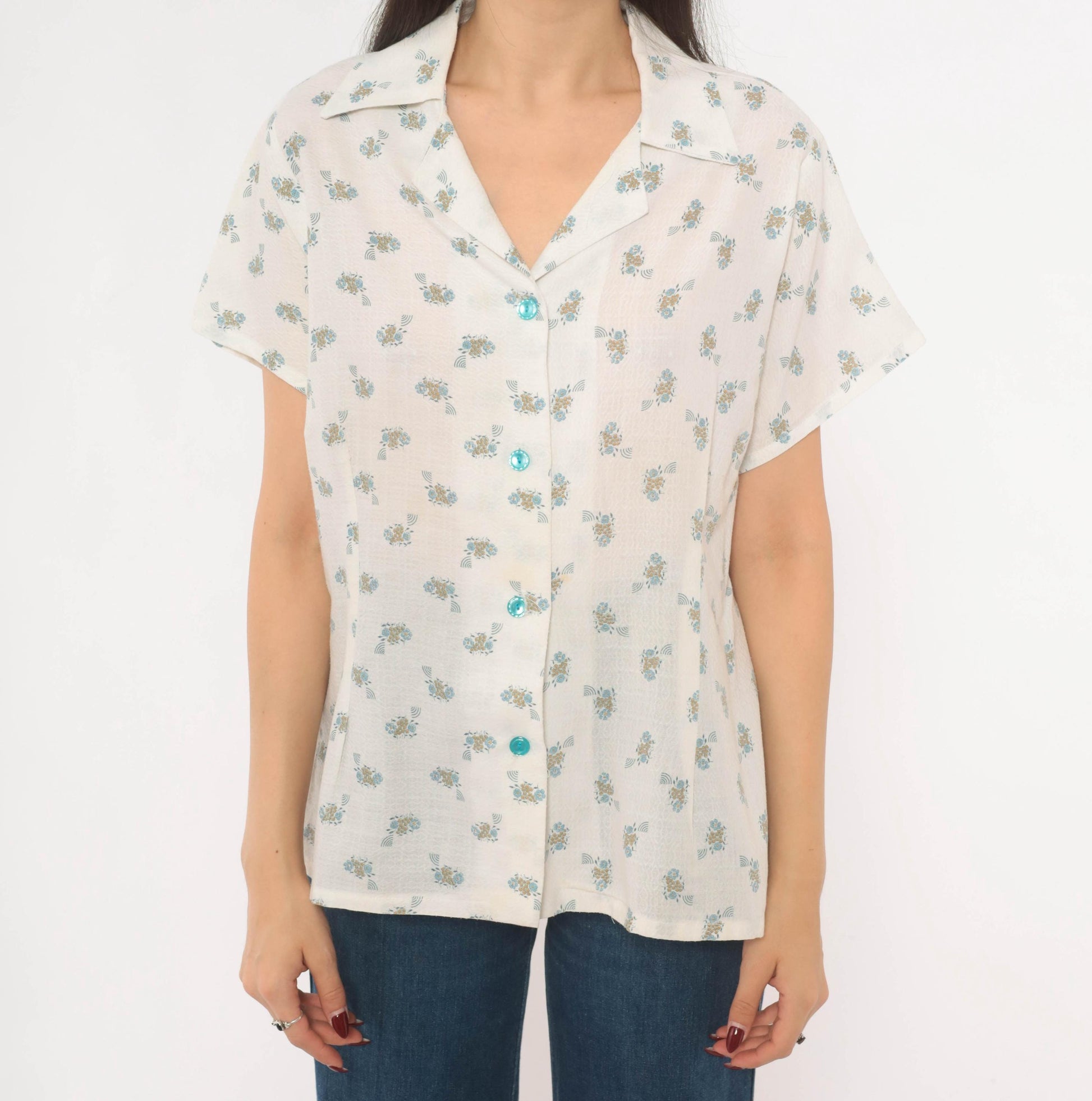 70s White Floral Camp Collar Shirt Cotton Blue Ditsy Print Large L