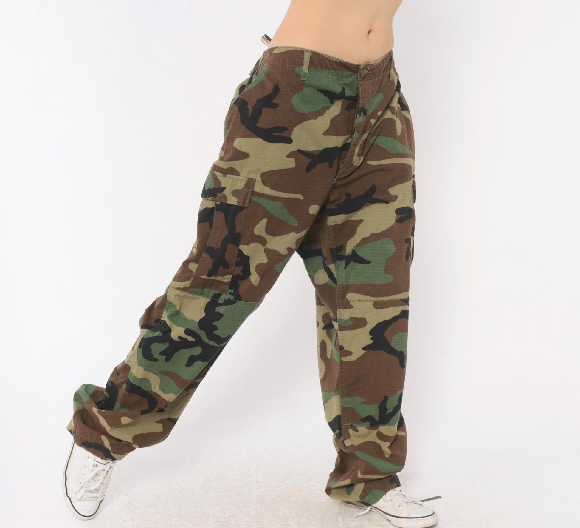Y2K Woodland Camo Cargo Pants Olive Brown Ripstop Military BDU Large L