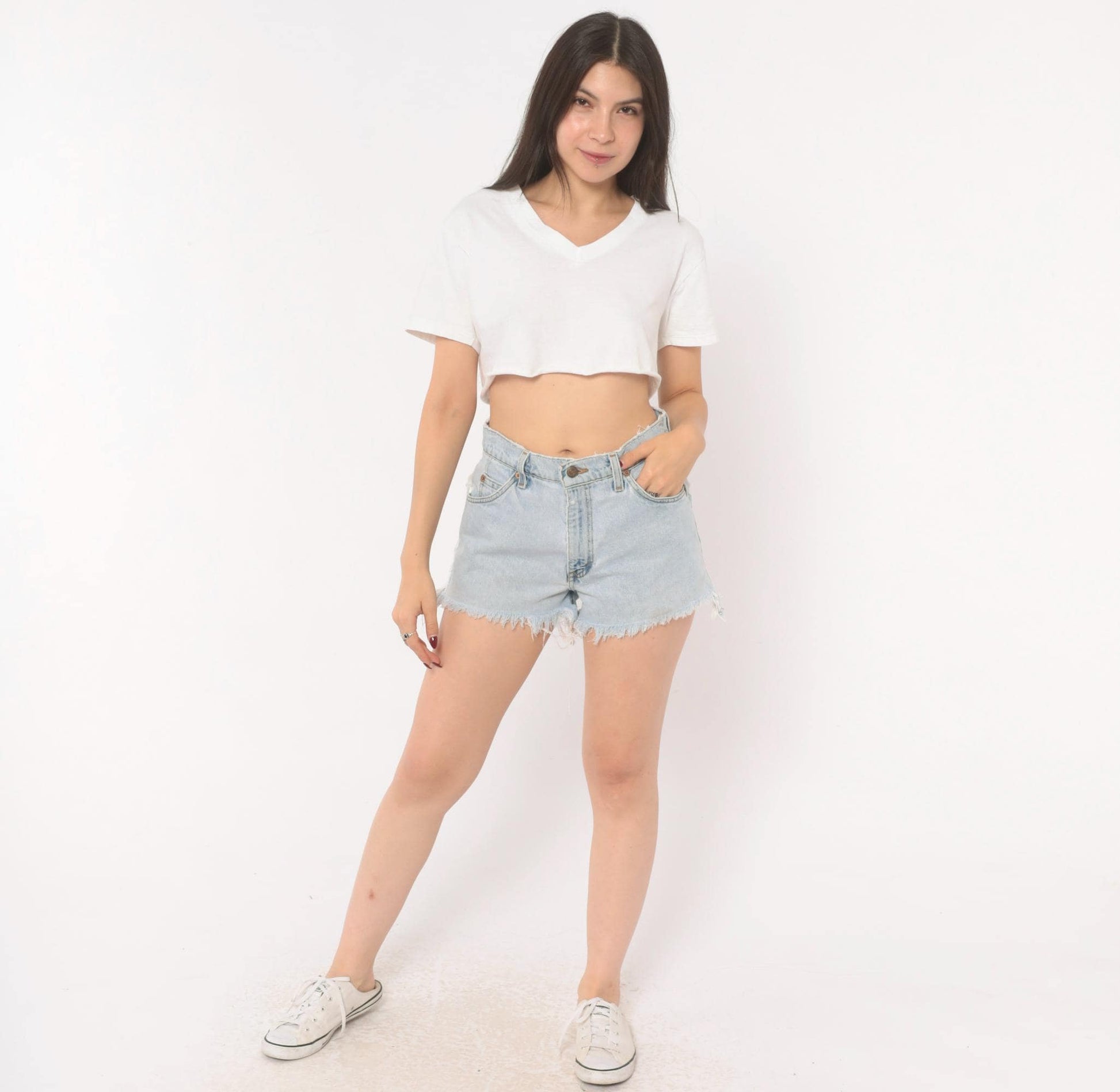 90s Levi's Cutoff Denim Shorts Light Wash High Rise Button Fly Small