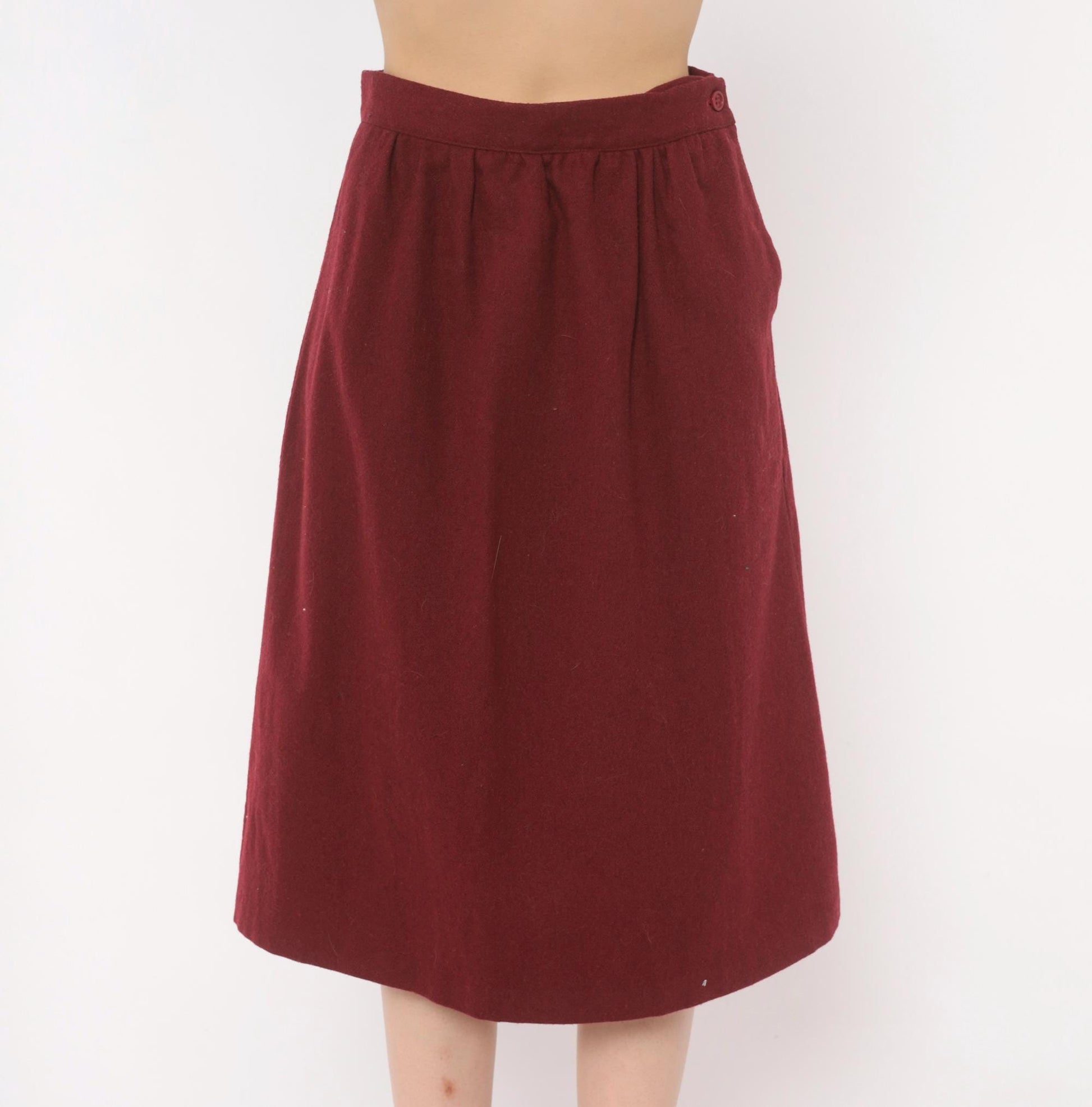 80s Sag Harbor Burgundy Wool A-Line Skirt Pleated Pockets Small