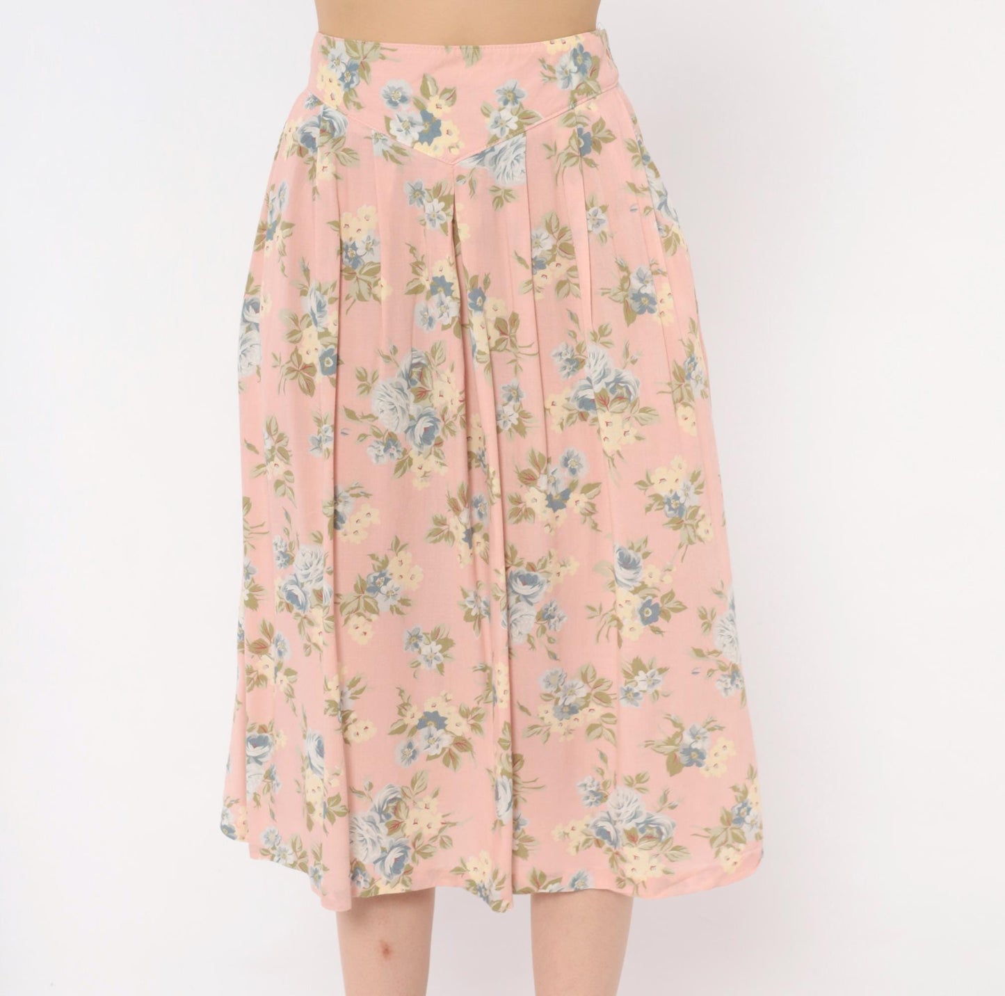 90s Russ Petites Floral Pleated Skirt Pink Rose Blue Cotton A-Line Medium