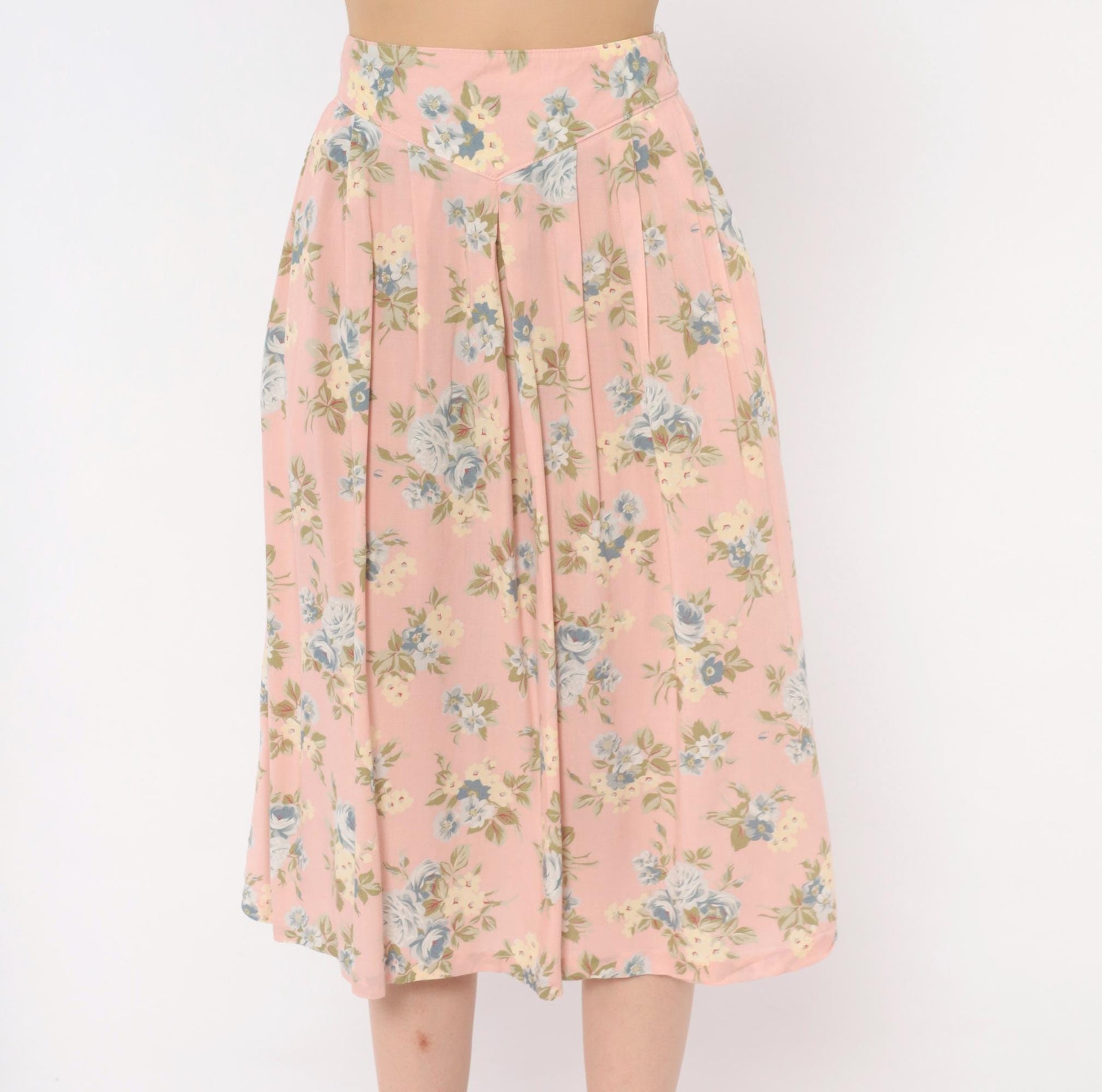 90s Russ Petites Floral Pleated Skirt Pink Rose Blue Cotton A-Line Medium