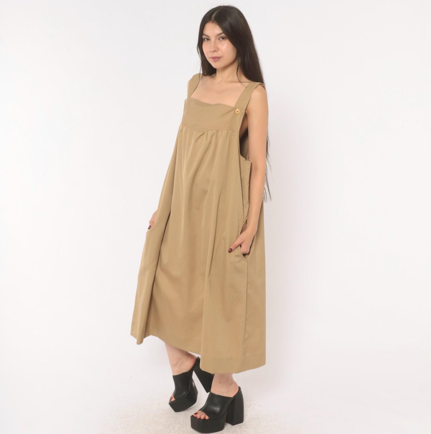 80s Tan Cotton Jumper Dress Square Neck Button Strap Midi Pinafore Large L