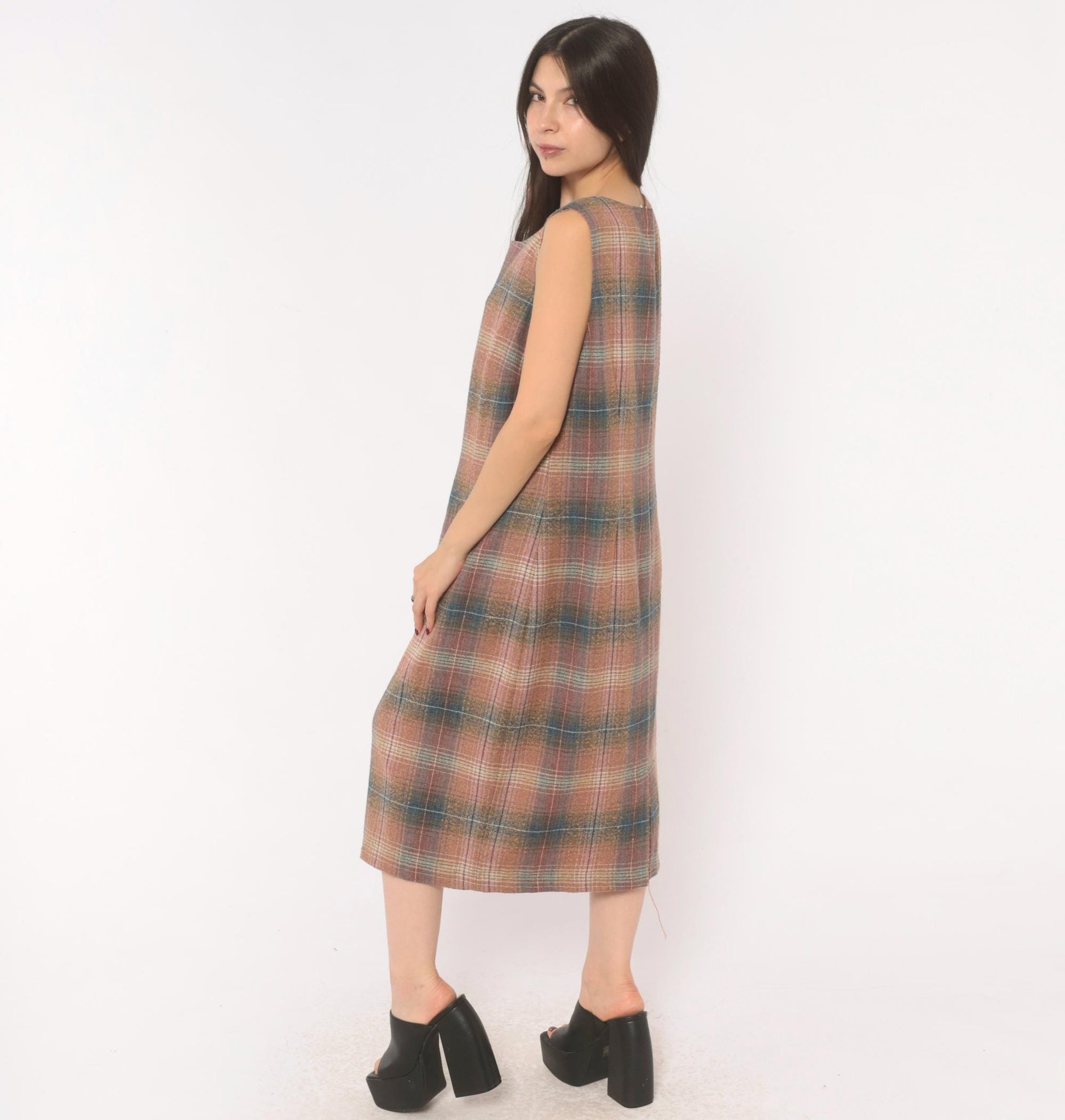 Y2K Chadwicks Plaid Wool Midi Dress Sleeveless A-Line Pink Teal Large L