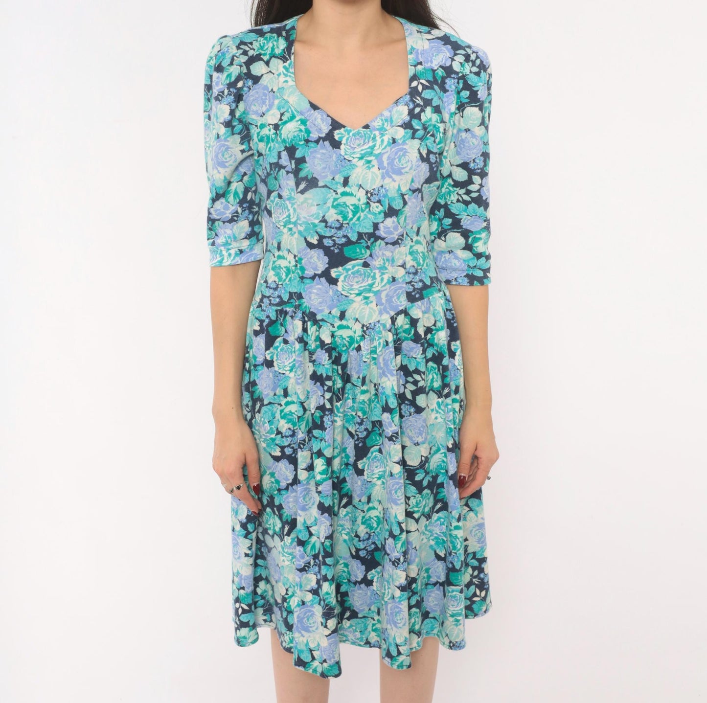 80s Stash Floral Dress Rose Print Sweetheart Neckline Puff Sleeve Navy Extra Small XS