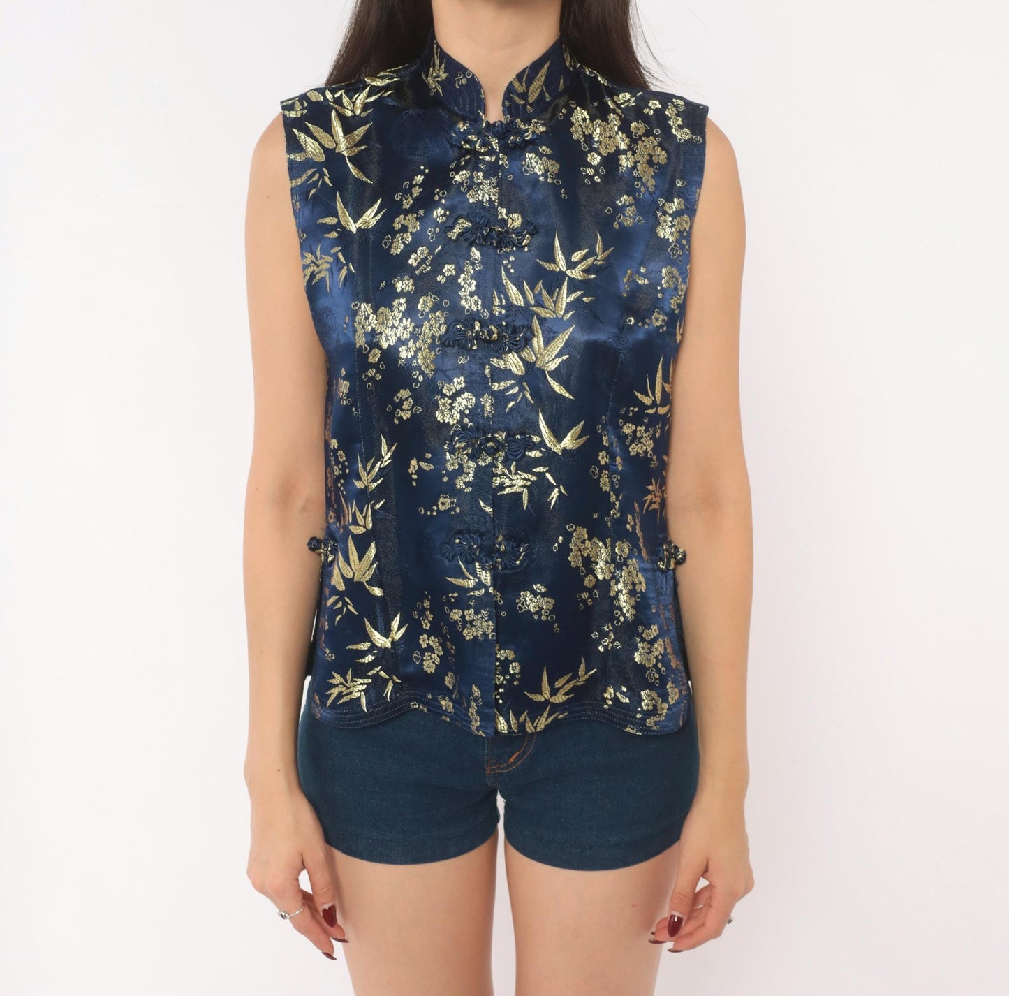 90s Navy Silk Cheongsam Vest Gold Bamboo Brocade Mandarin Collar Small S