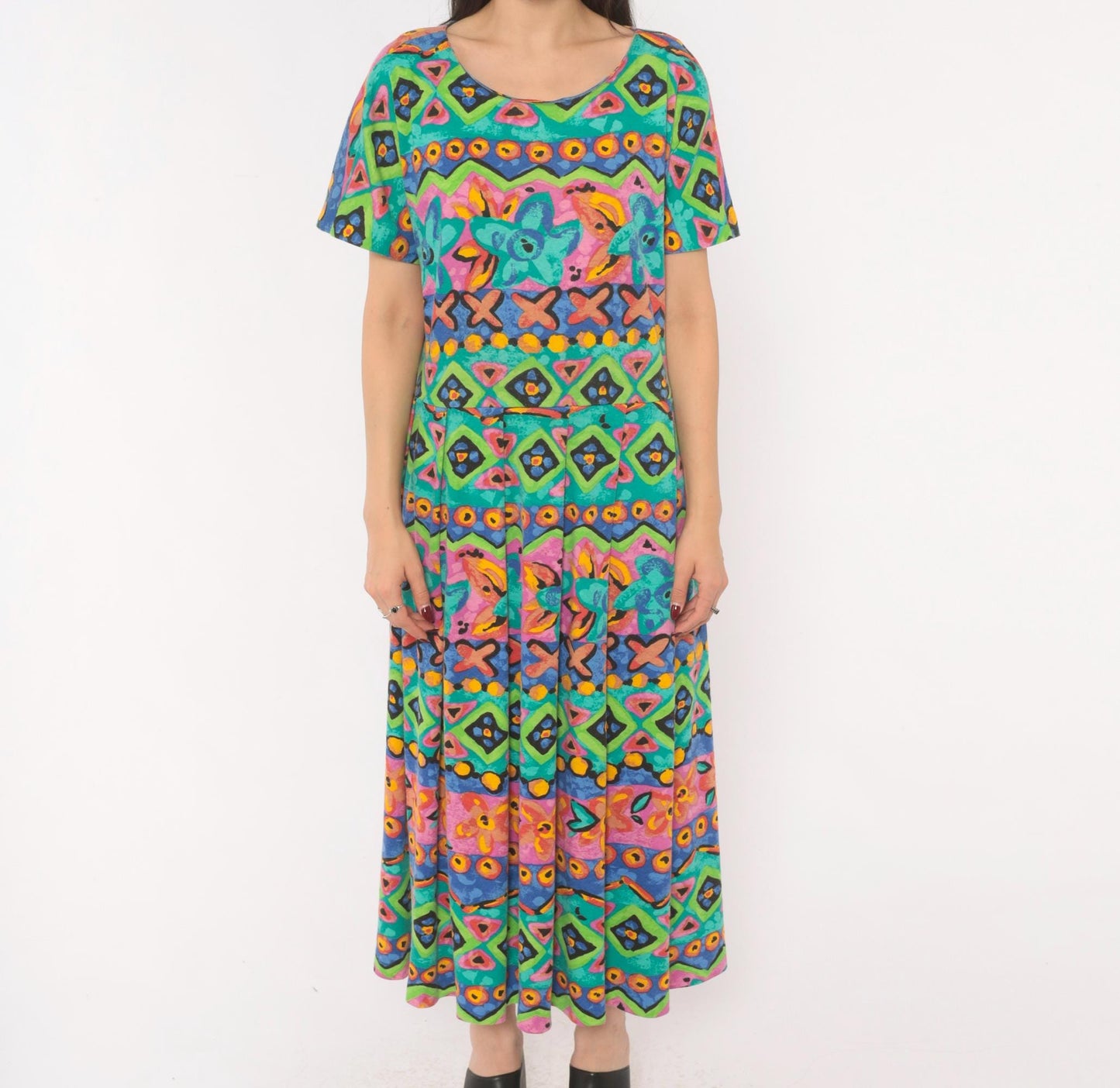 90s Sabino Geometric Tribal Print Maxi Dress Teal Pink Yellow Large L