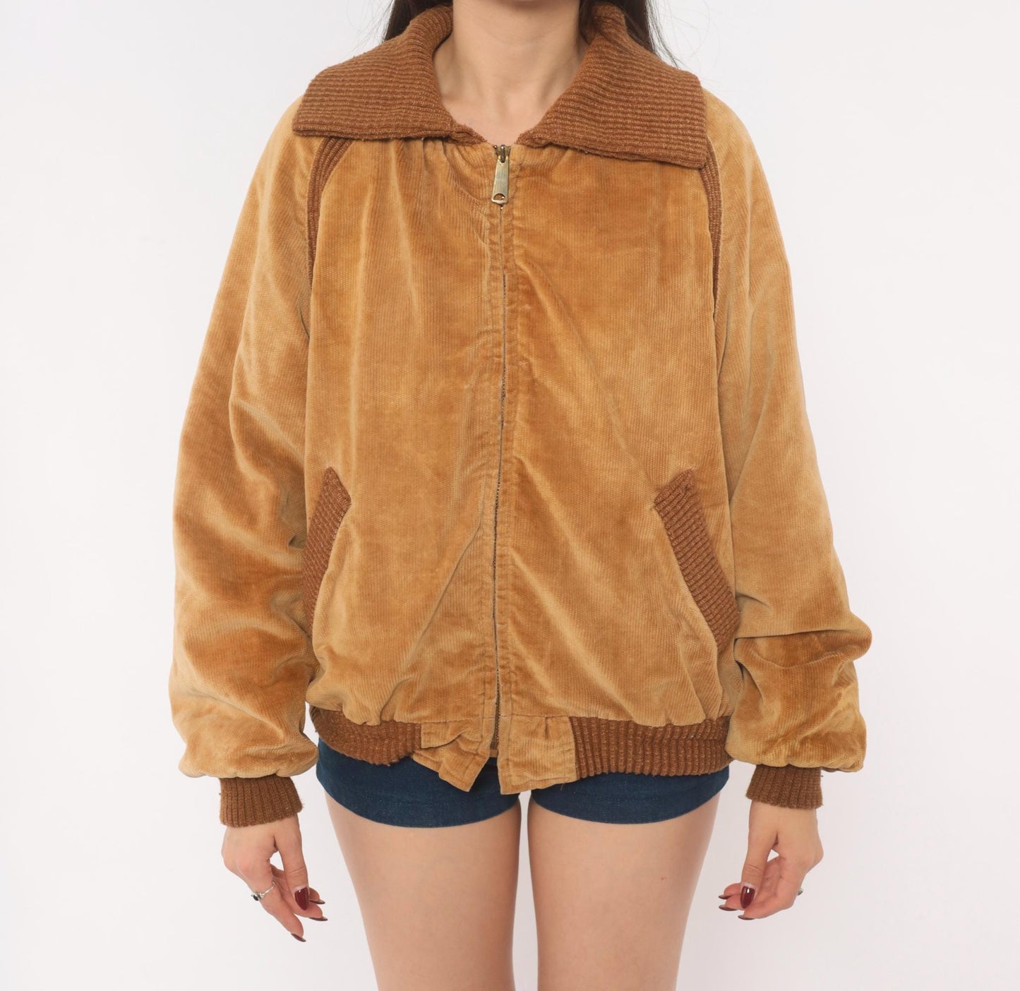 70s Corduroy Bomber Jacket Tan Raglan Knit Collar Zip Front Medium