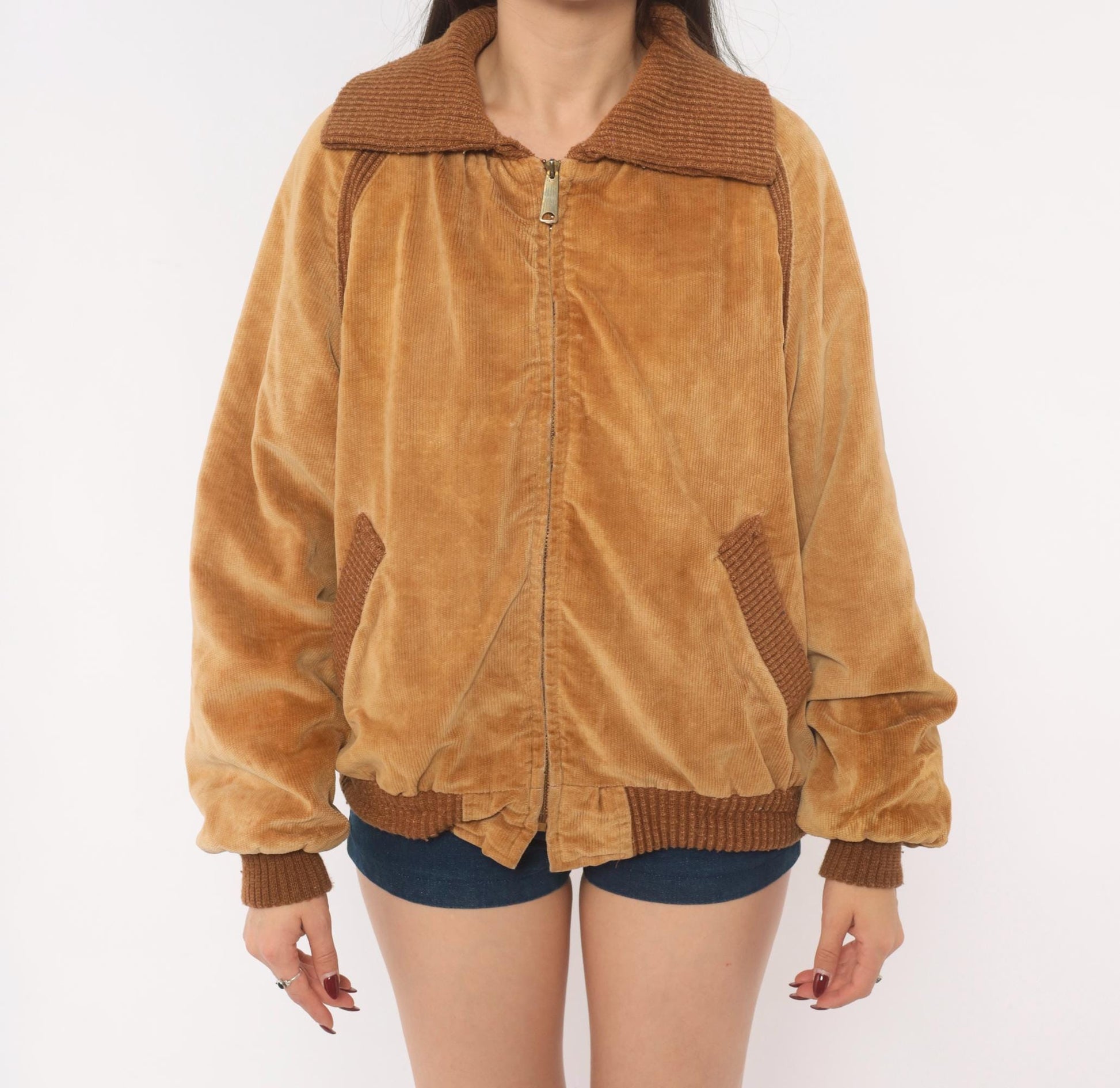 70s Corduroy Bomber Jacket Tan Raglan Knit Collar Zip Front Medium