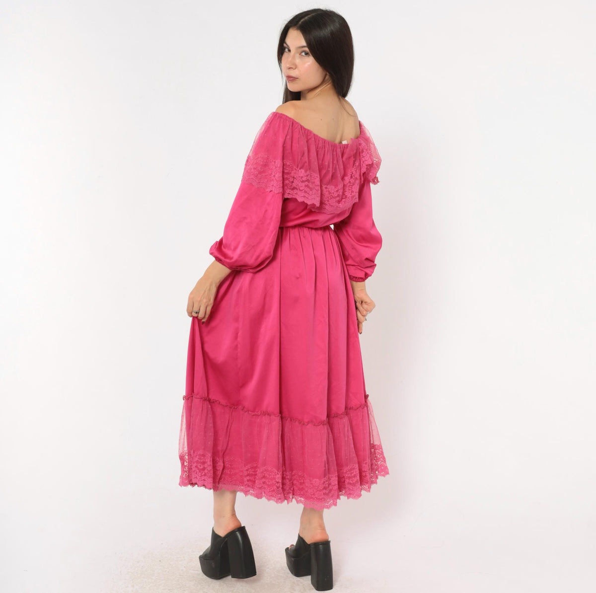 80s Hot Pink Off-Shoulder Midi Dress Lace Ruffle Balloon Sleeve Medium M