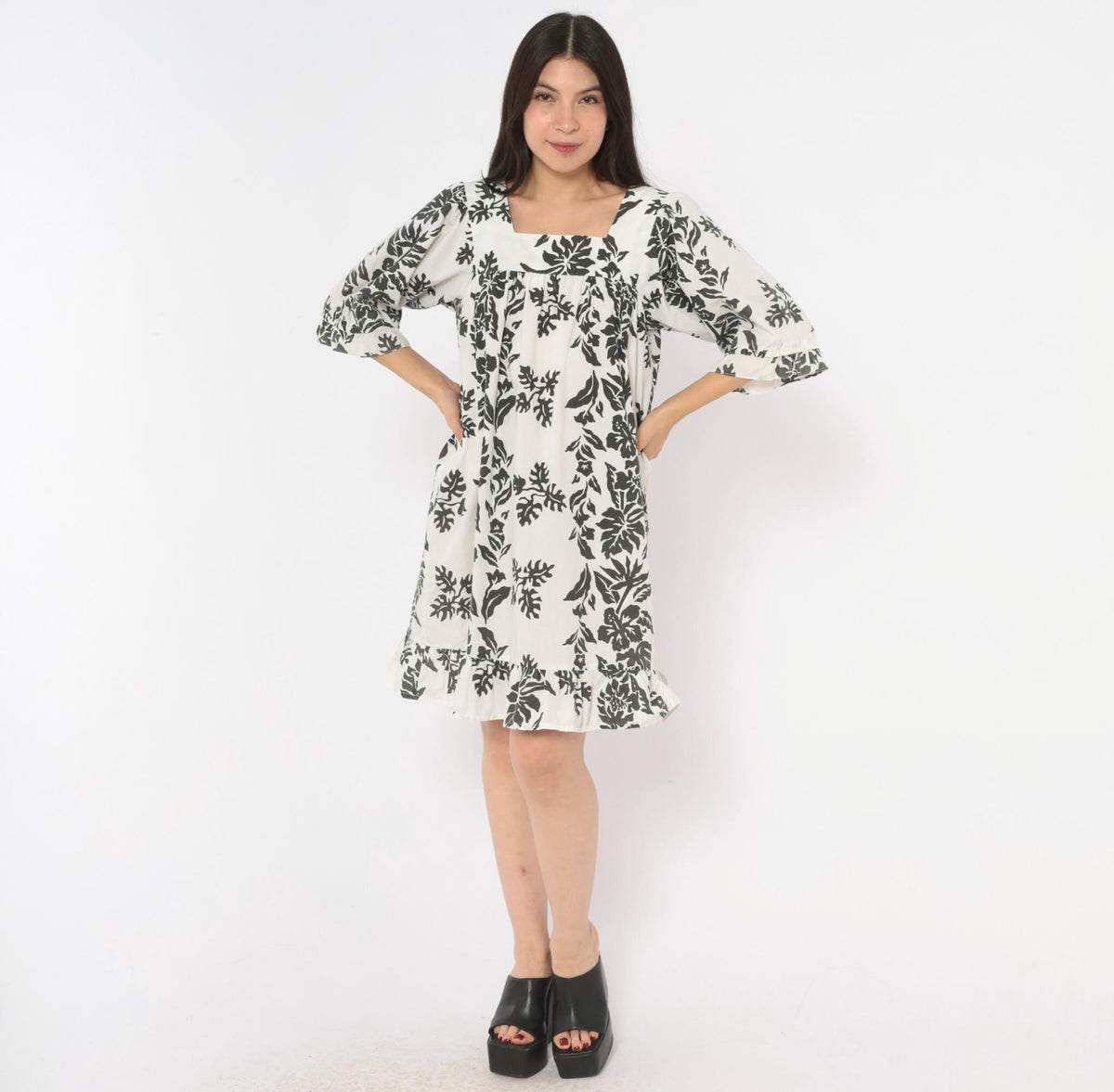 90s Nani Liberty House Hawaiian Floral Square Neck Puff Sleeve Dress Black White Small S